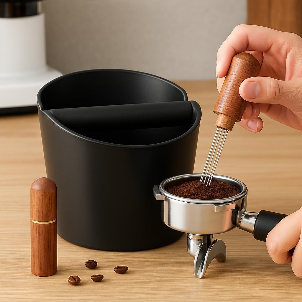 Extra‑Large Matte Black Coffee Knock Box, Espresso Knock Box,15 X 15 X 13 Cm,Silent Shock‑Absorbing Rubber Bar,Stable Non‑Slip Base,Premium Wooden 6‑Needle Distribution Tool Gift,Coffee Grounds Bin image number 3
