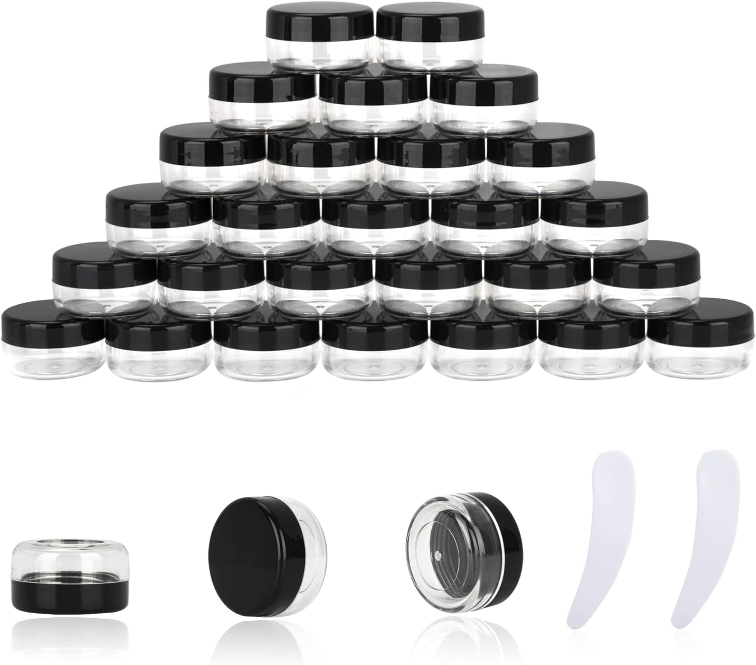 25PCS 10 Gram Sample Containers, 10Ml Empty Jars with Lids, Small Cosmetic Containers, Mini Sample Jars with 2PCS Mini Spatulas for Make Up, Oils, Lotion, Powder, Paint, Jewelry, Lip Balms(Black Lid)