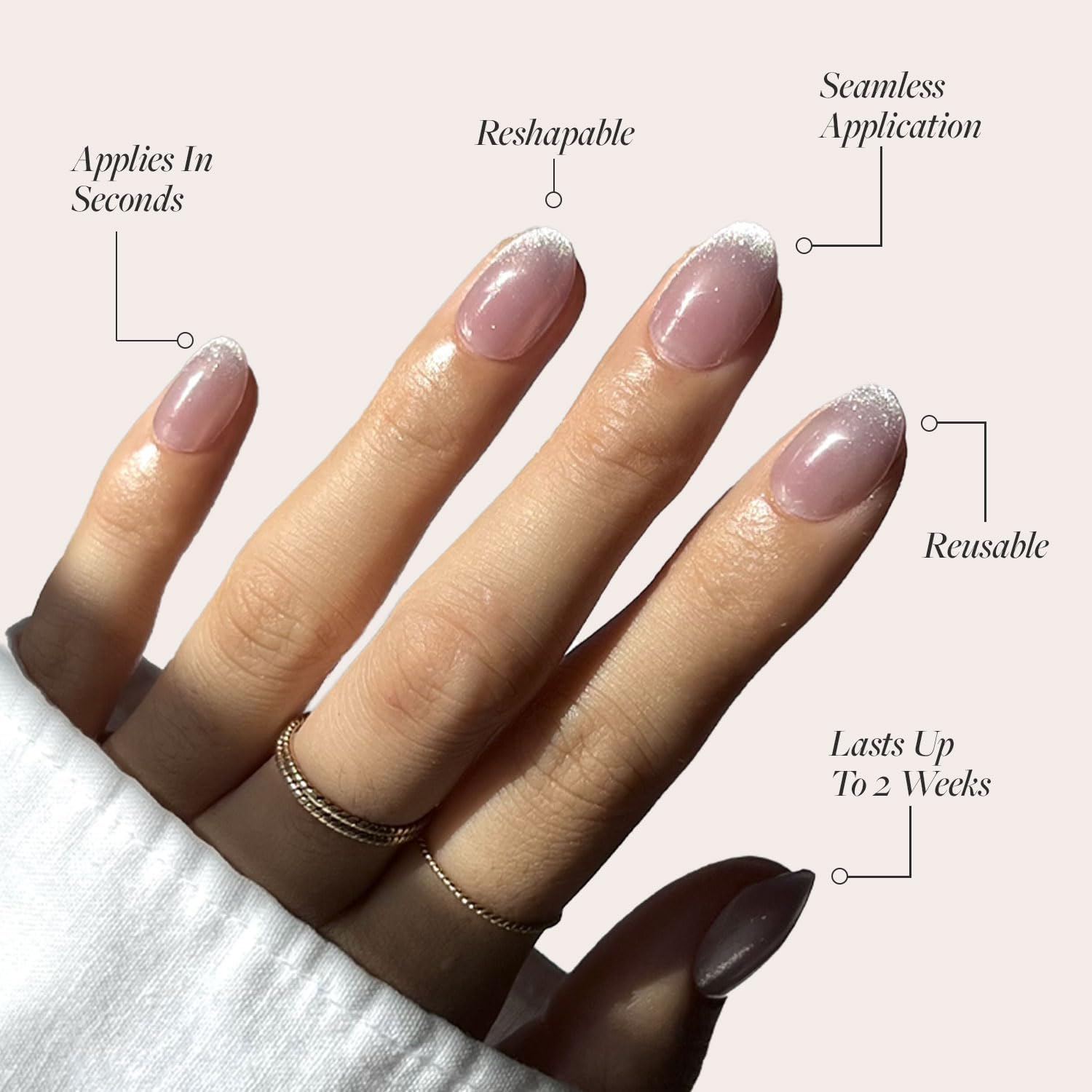 Glamnetic Reusable False Nails - Fairy Dust | Beige Pink Short Oval Nails with Fascinating Metallic Finish | 15 Sizes - 30 Nail Kits with Glue image number 3