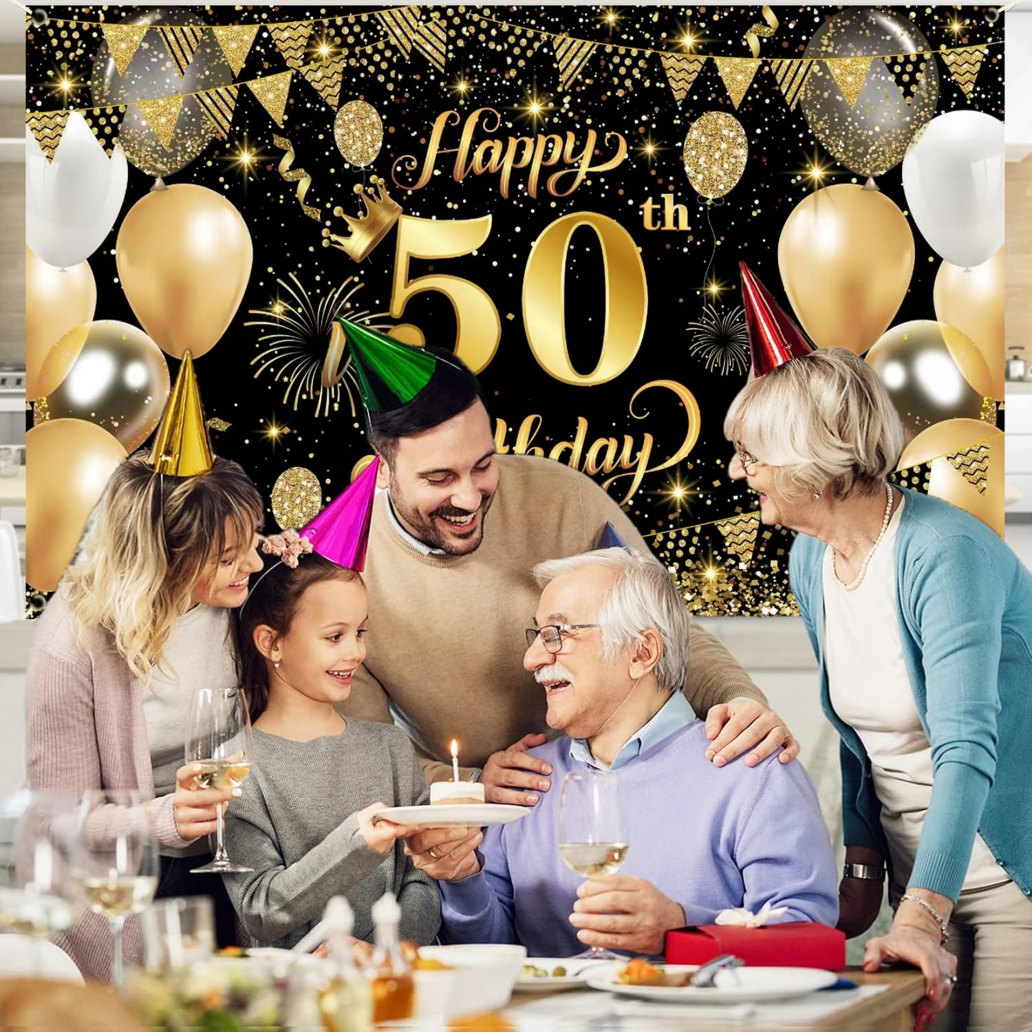 Yuanbigtai 50Th Happy Birthday Banner,Happy 50Th Birthday Decorations Backdrop,Birthday Party Decoration Black Gold Sign Poster for Backdrop Background for Men, and Women Birthday, 70.8 X 43.3 Inch image number 1