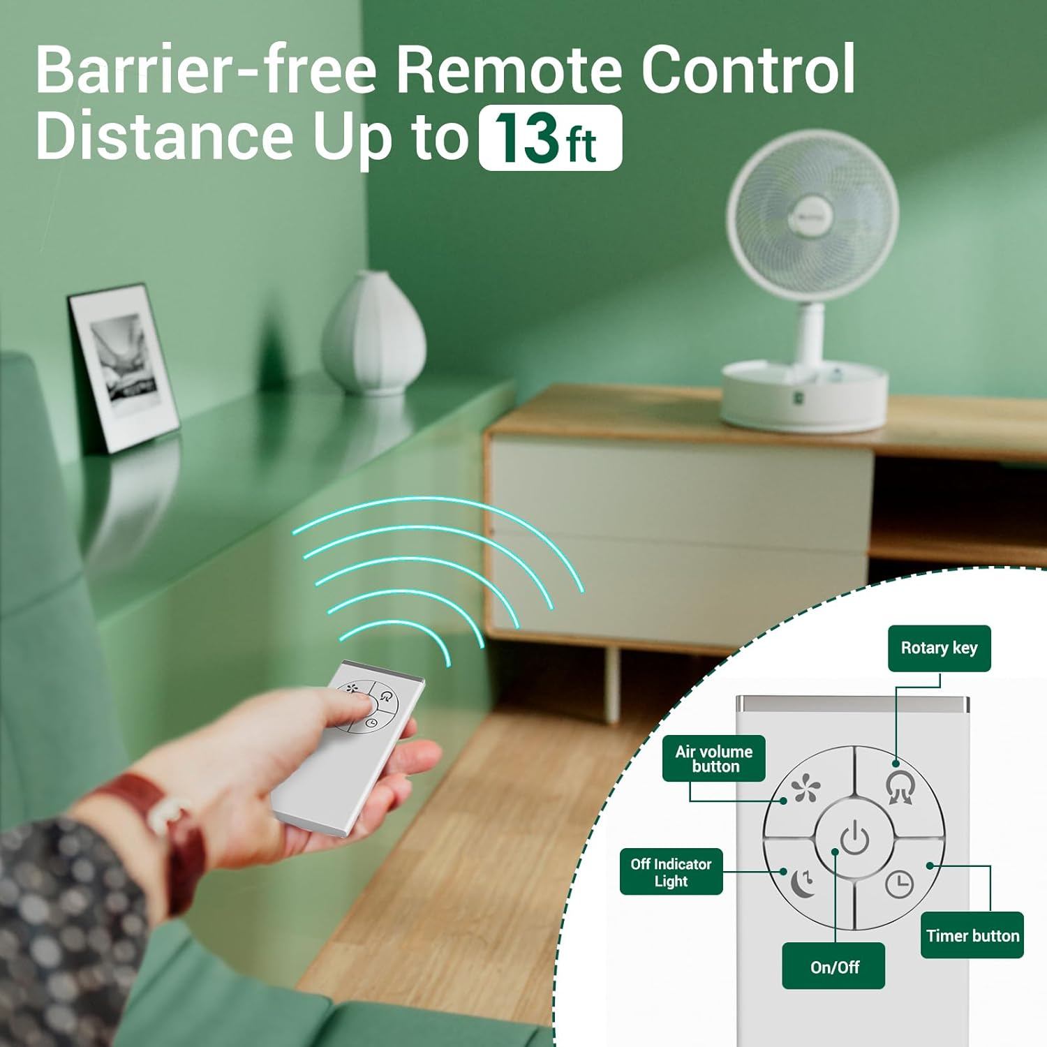 Marchpower Portable Standing Fan with Remote 10" Collapsible Fan Osciallating Foldable Pedestal Floor Fan with Timer, Cordless Foldaway 5-Speed Telescopic Table Fan for Home Trave Picnic Camping