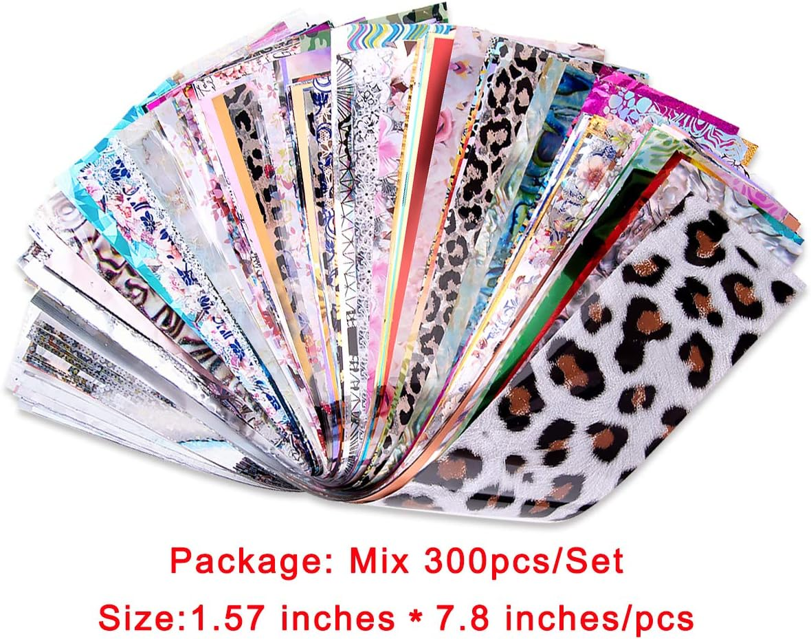 Duufin 300 Sheets Nail Foils Nail Art Transfer Foil Stickers Laser Flower Color Sheet Adhesive Stickers Paper Starry Sky Stars Black White Lace Design for Nail Art DIY Decoration image number 1