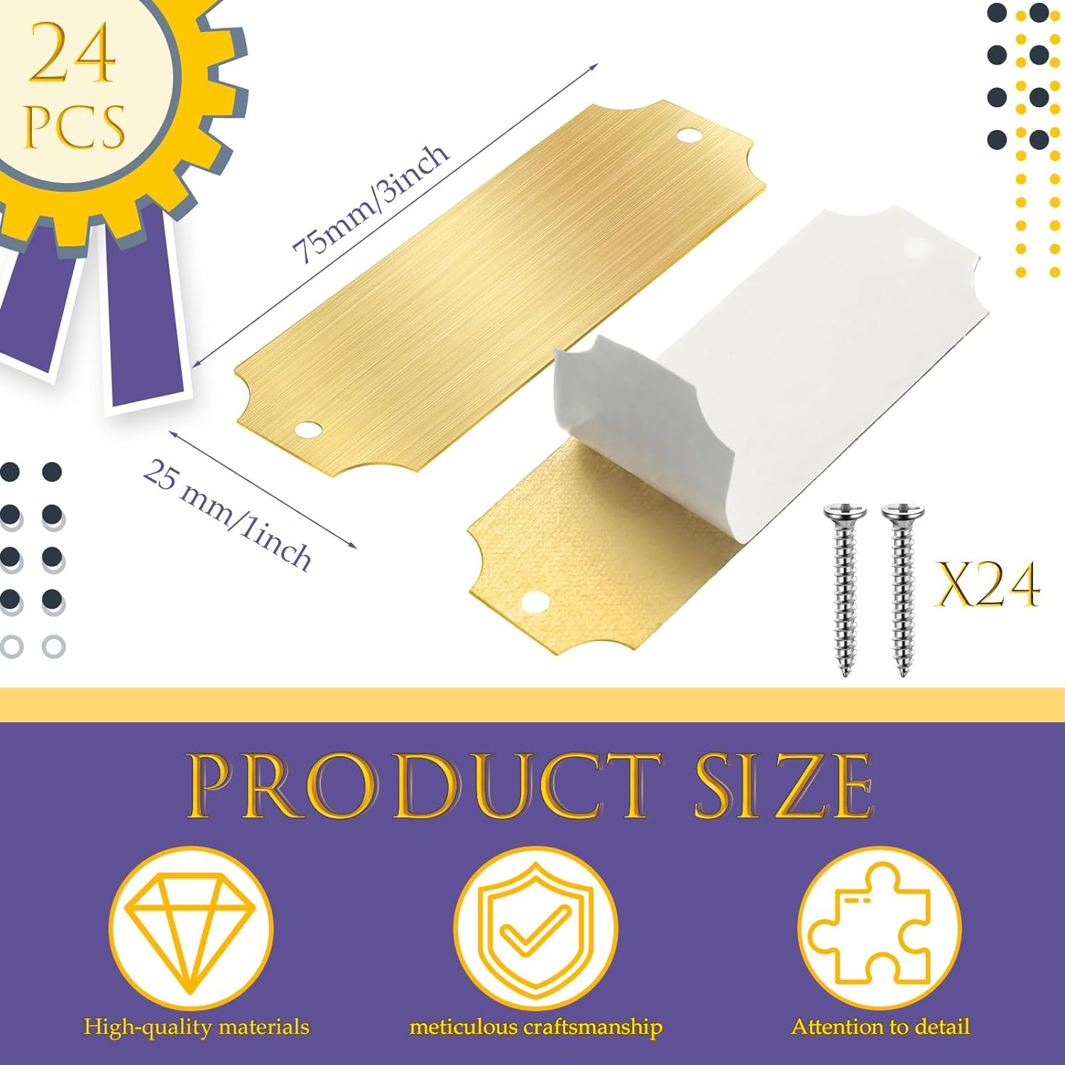 Yaocom 24 Pcs Name Plates Laser Engraved Brushed Solid Metal Plate Personalized Plaque Blank Name Tag with Adhesive Backing and Screws for Diy(Gold,Notched Corner) image number 3