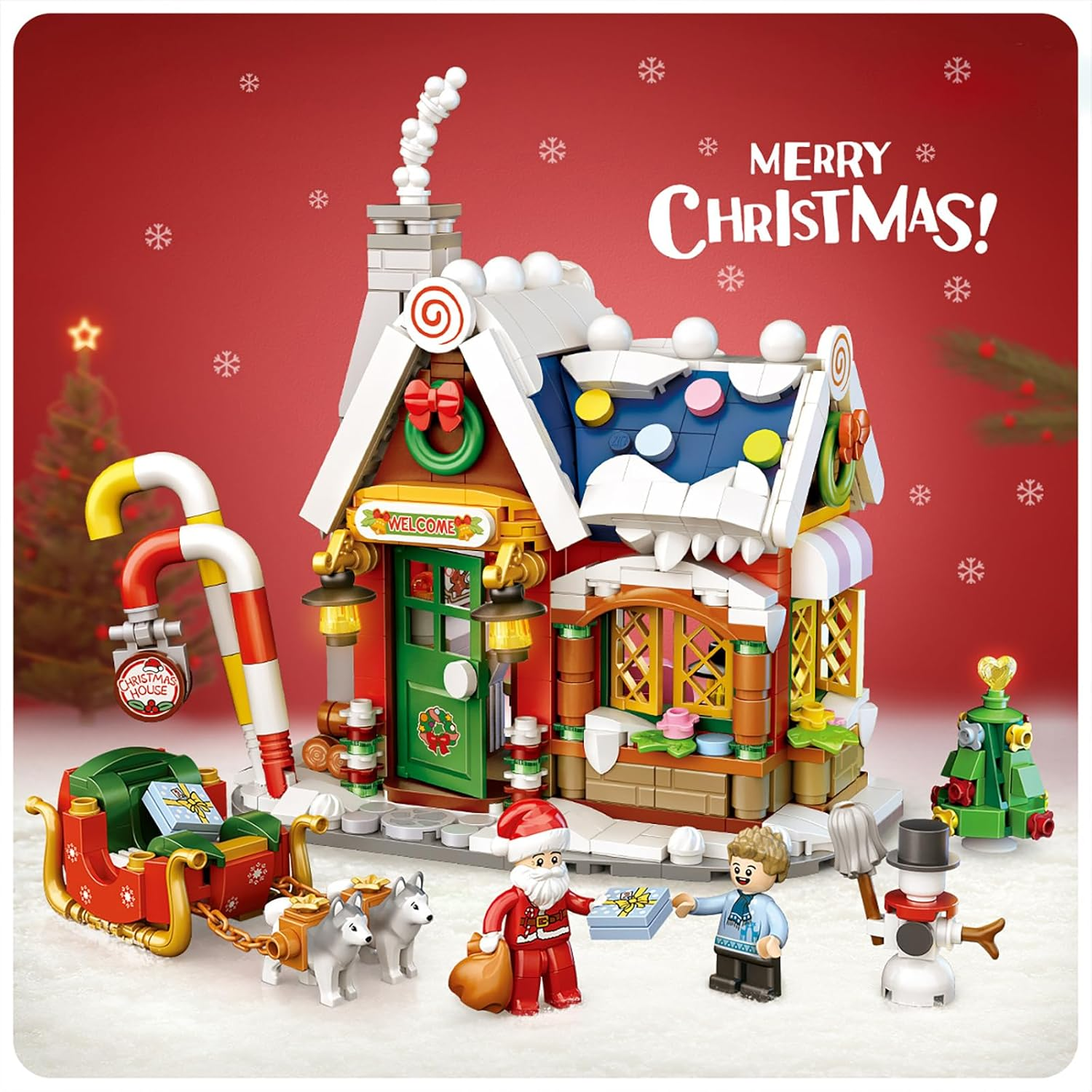 Christmas House Building Kit 788 PCS &ndash; Winter Holiday Village Santa Claus House with Sleigh, Dogs, Tree & Minifigures &ndash; Creative Construction Toys & Xmas Display image number 3