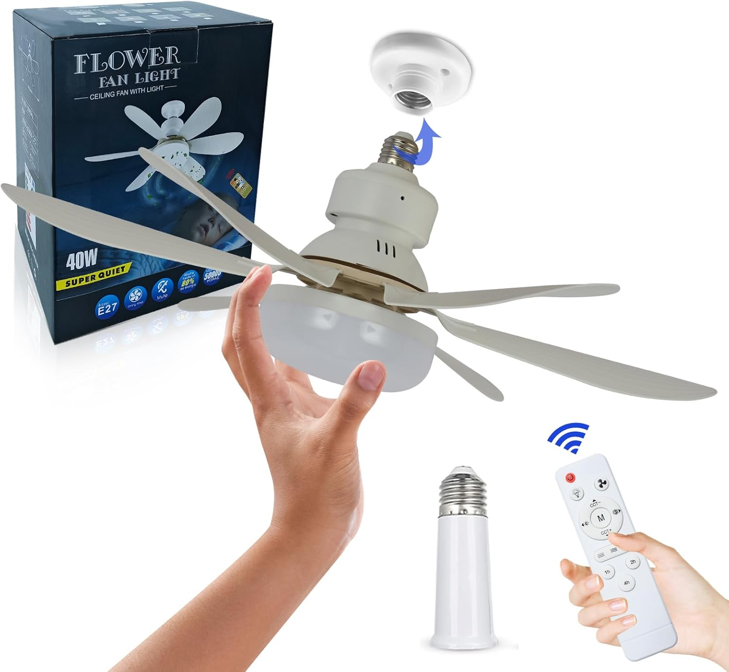 52CM Ceiling Fan with Light and Remote, Screw in Ceiling Fan in Light for Socket E26 E27, 40W Outdoor Small Dimmable Ceiling Fans with Light for Bedroom, Garage, Patios, Kitchen, Farmhouse