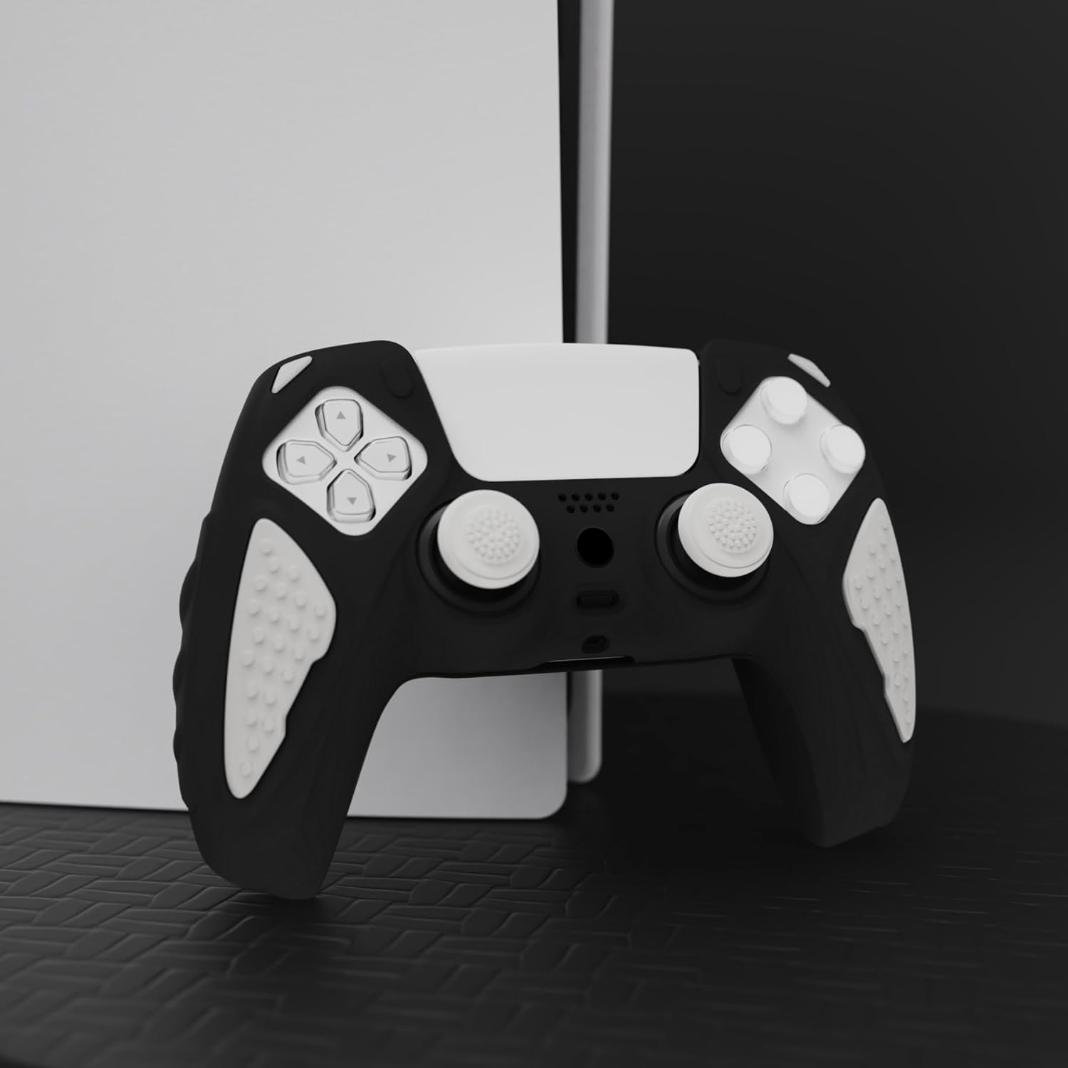 Playvital Knight Edition Black & White Two Tone Anti-Slip Silicone Cover Skin for Ps5 Controller, Soft Rubber Case for Ps5 Wireless Controller with Thumb Grip Caps - Black image number 2