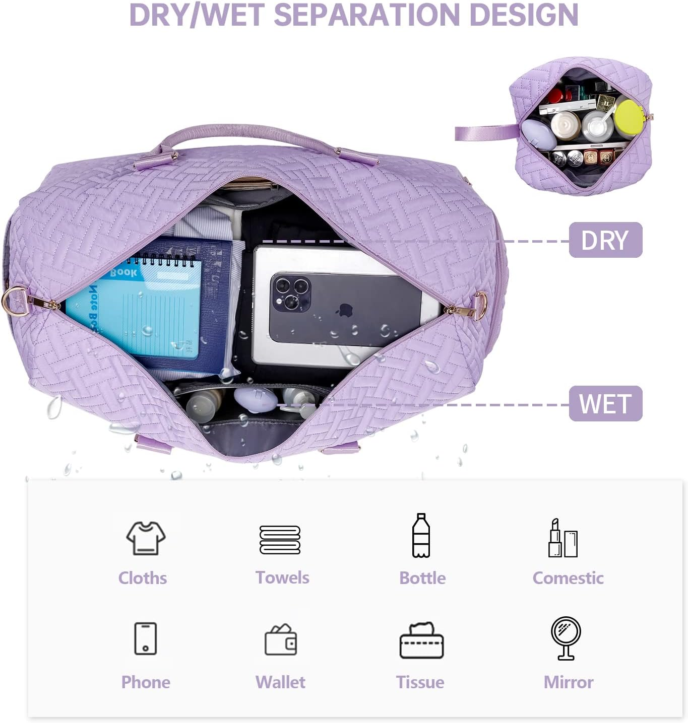 Duffle Bag for Travel, Weekender Bag with Shoe Compartment, Carry on Overnight Bag for Women with Toiletry Bag, 50L Gym Bag with Wet Pocket, Hospital Bags for Labor and Delivery, Lavender Purple, - Beige image number 4