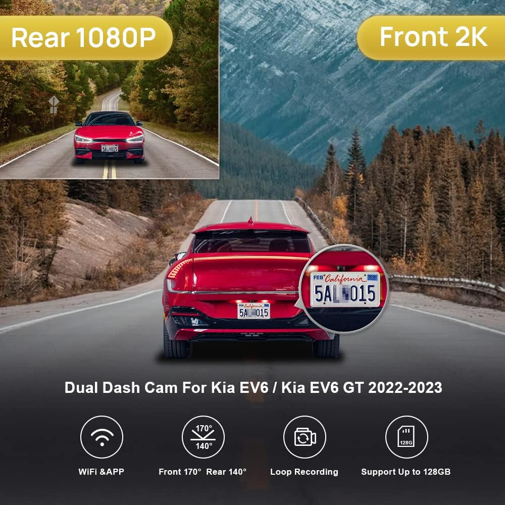 Fitcamx Dash Cam Front 2K+Rear 1080P Adapts for KIA EV6 GT Line Light Wind 2022 2023 2024 2025, OEM Factory Look, Dual HD Video, Loop Recording G-Sensor, Wifi & APP, Easy to Use, 64GB Card image number 4