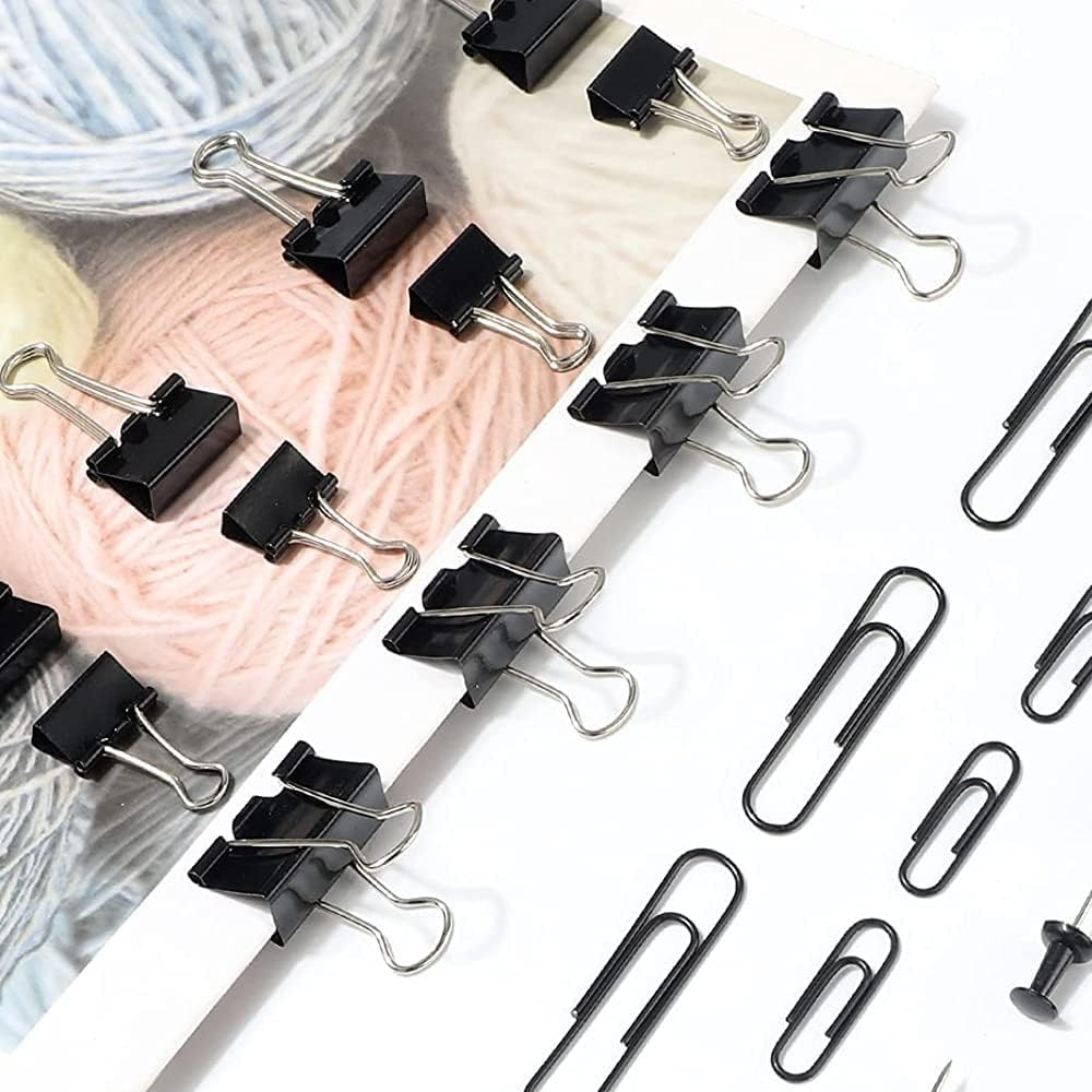 Paper Clips and Binder Clips Set, Metal Assorted Sized Binders with Push Pins, Black Office Supplies for Desk, Durable Desk Accessories - Black image number 5