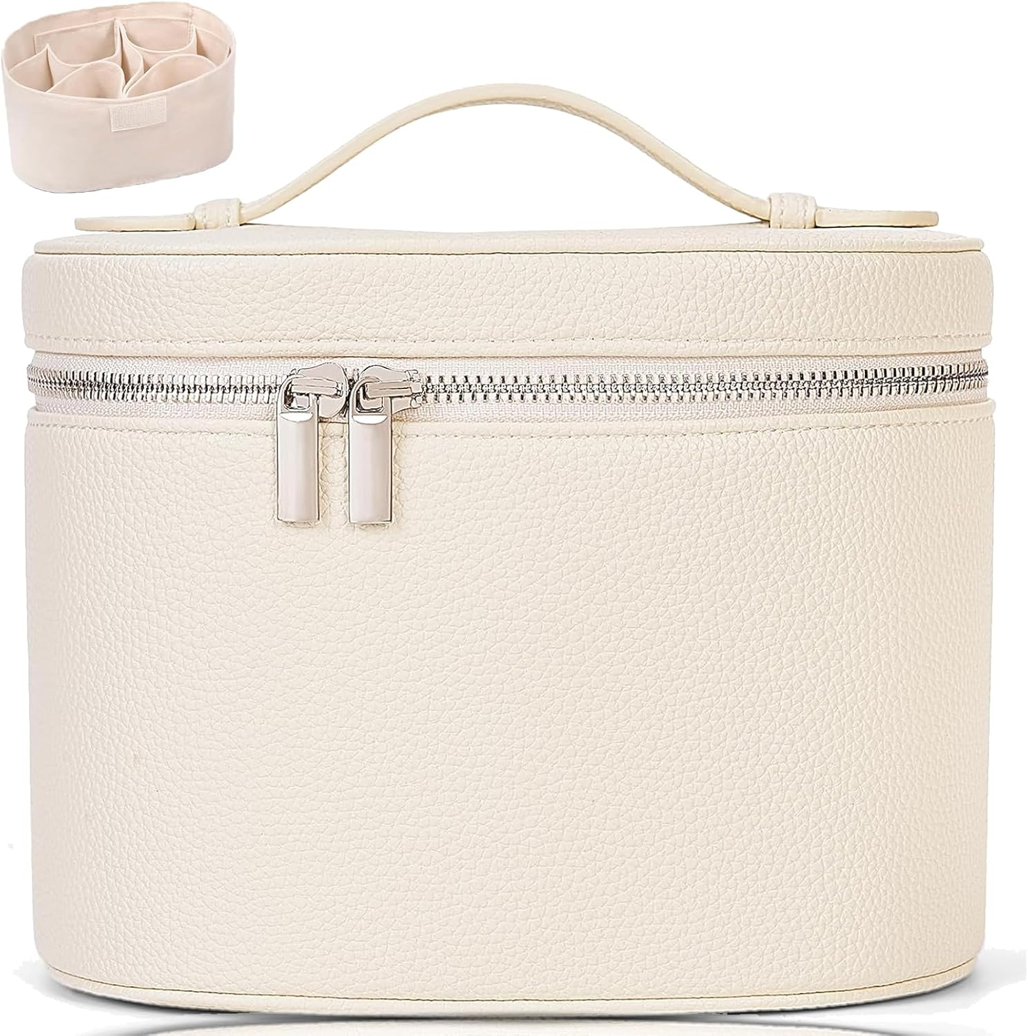 IEMIEBOAMGNOY Leather Make up Bags with Compartments, Brown Travel Cosmetic Bags for Women, Parallel Makeup Travel Bags Organizer Equipped with a Detachable Divider, Brown, Leather Make up Bags