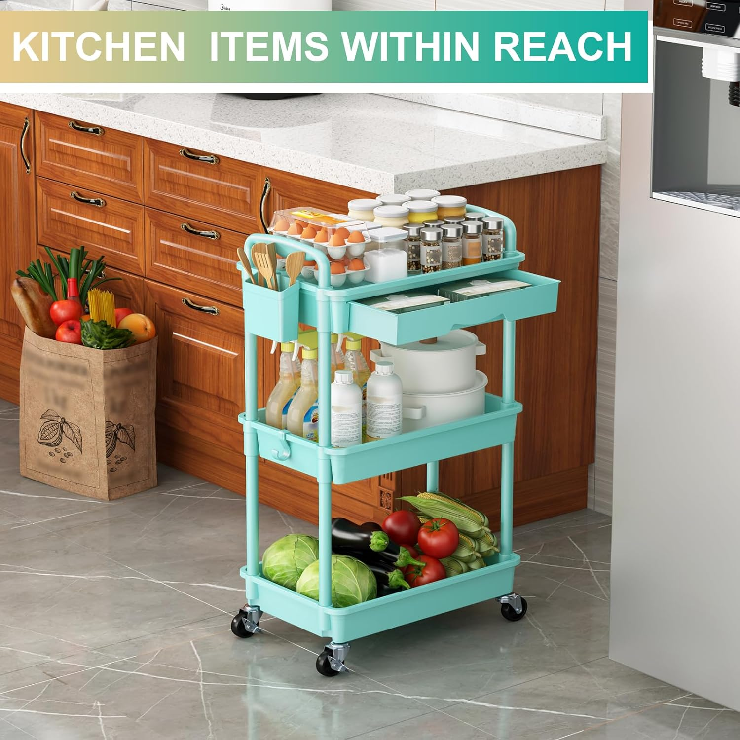 Yeabett 3 Tier Craft Trolley, Storage Trolley on Wheels Utility Cart with Drawer for Kitchen, Bathroom, Office, Living Room, Blue image number 5