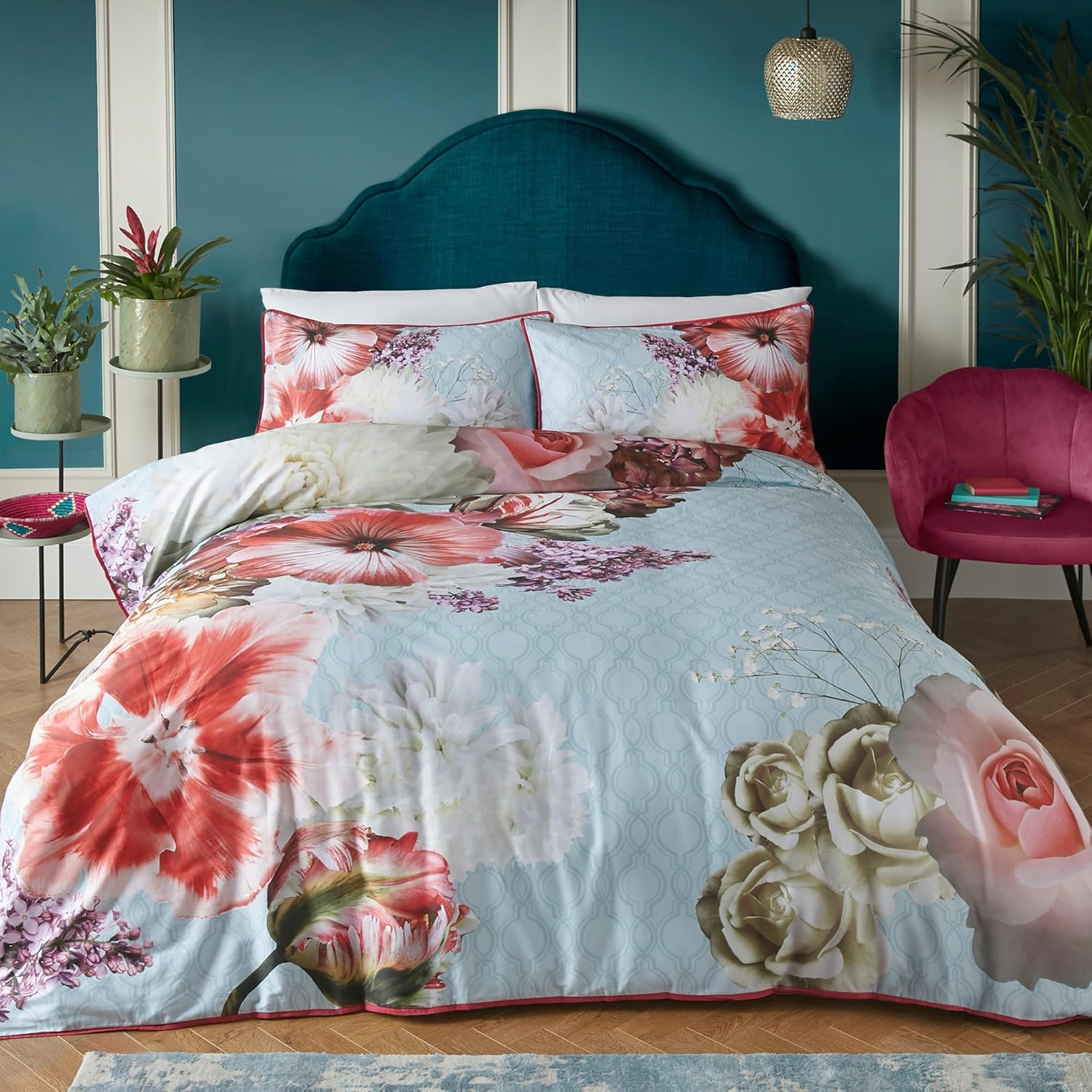Laurence Llewelyn-Bowen - Blue Duvet Cover Sets - King Bedding Size (220 X 230Cm) - Red Floral Flower Print - Luxury Beddings Cover - 100% Cotton - Mayfair Lady Collection image number 2