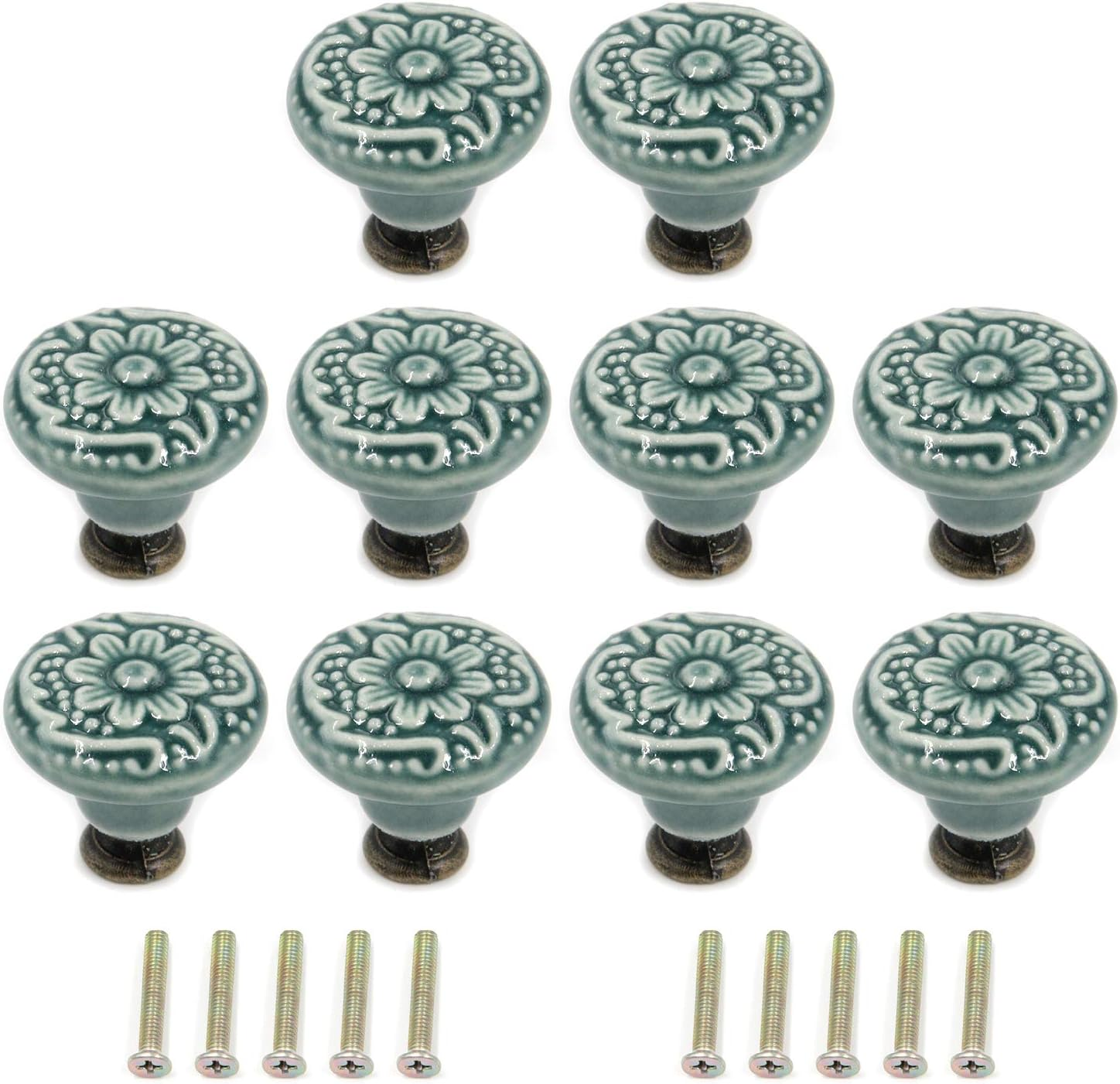 Geesatis 10 Pcs Black Retro Ceramic Knobs Cabinet Furniture Handles Home Kitchen Door Pulls, Single Hole round Knob, with Mounting Screws, Diameter 1.4"