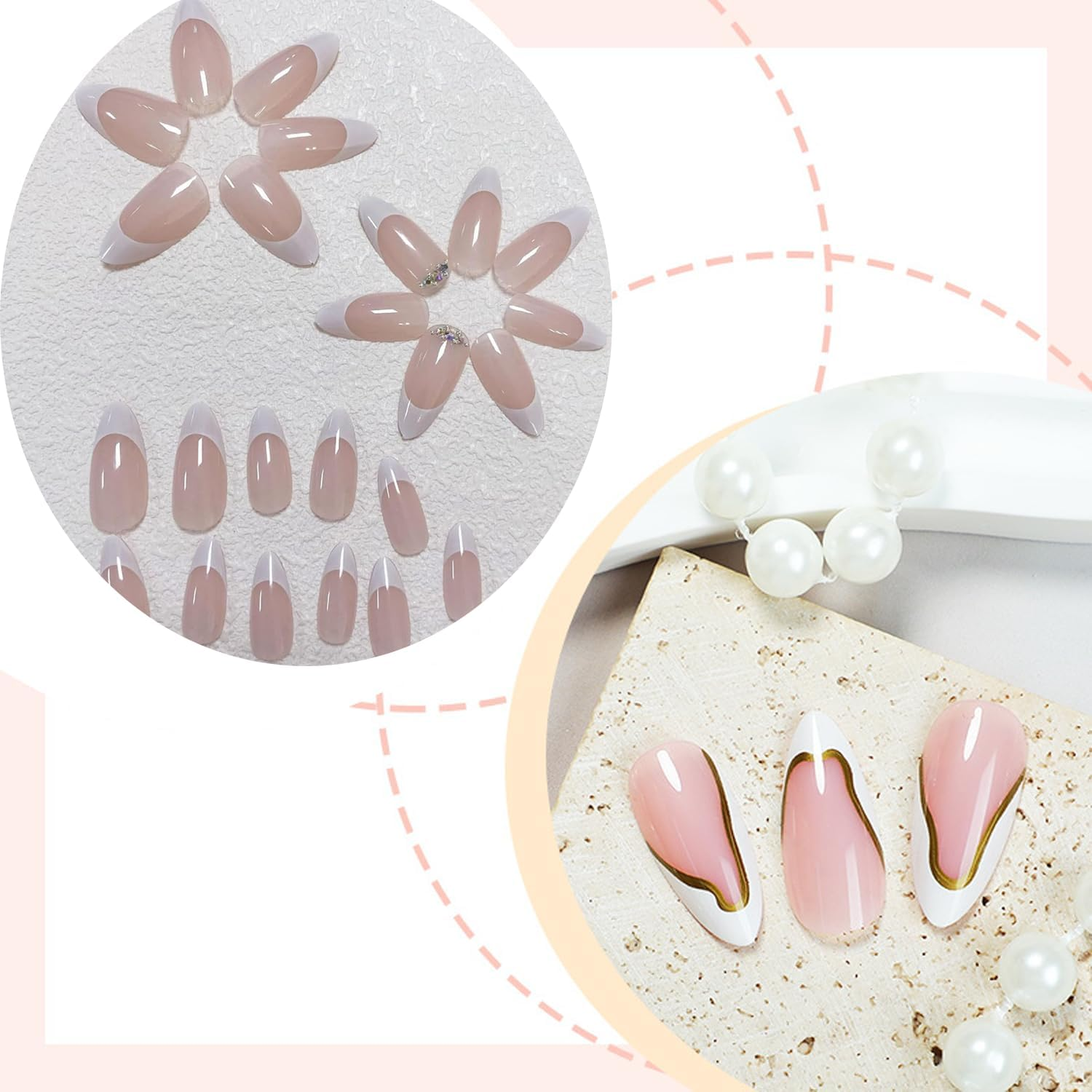 Press on Nails, 48Pcs Acrylic French Full Cover False in Nude Color Two Styles of Almond Fake Nails for Women and Girls, Ideal for Daily Decoration and Easy DIY image number 3