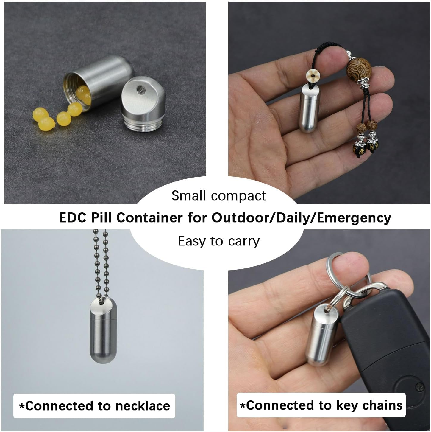 Small Keychain Pill Box, Pill Case for Travel Pocket Purse, Waterproof Pill Container Organiser with Keyring, Portable EDC Pill Holder for Outdoor/Daily/Emergency (Stainless Steel S)