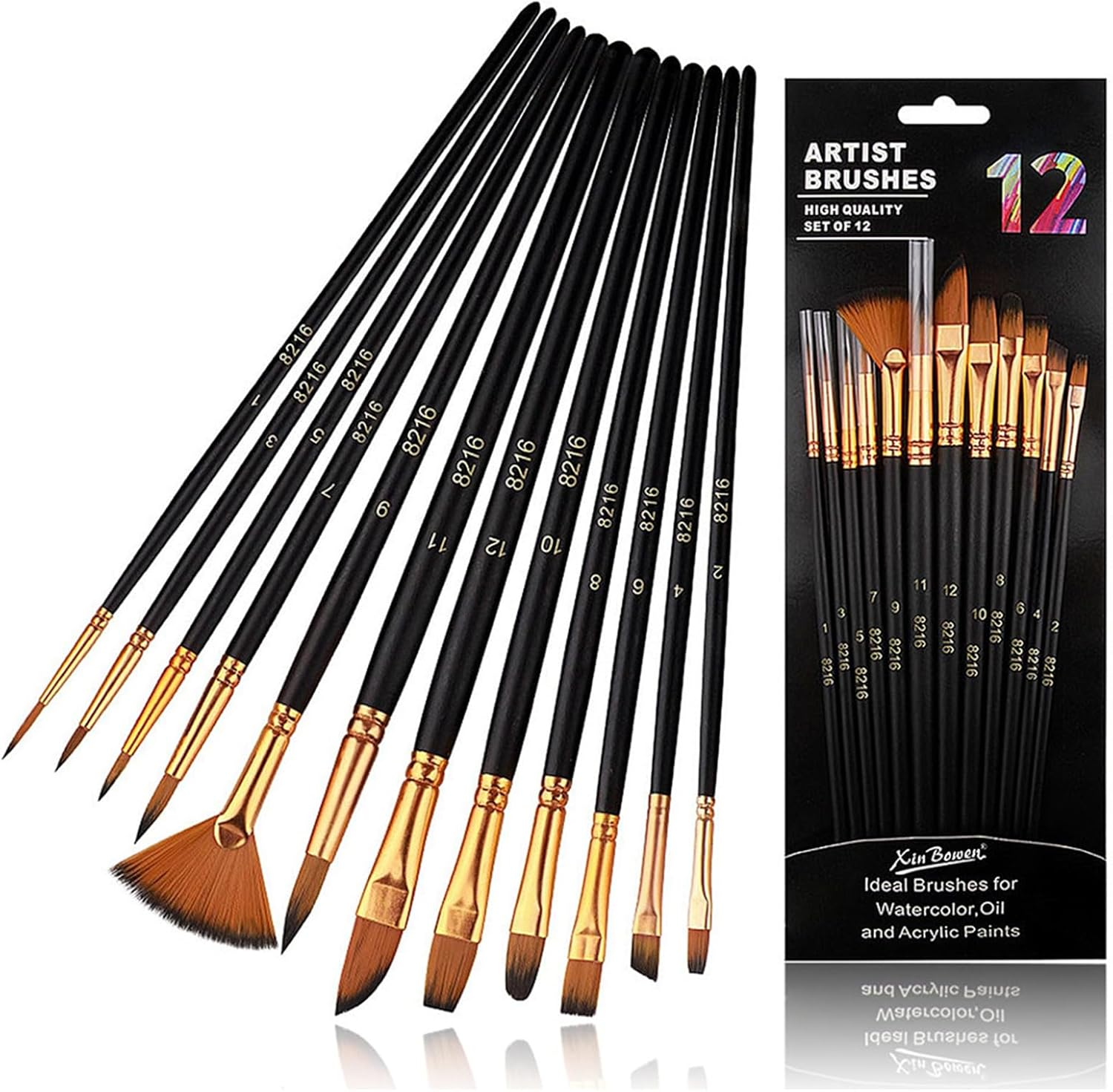 Paint Brushes,12 Pcs Artist Paint Brush Set,Professional Art Painting Brush for Acrylic Painting,Oil,Watercolor,Include Pointed Rounds,Fan,Flat Assorted Shapes,Great for Kids Adult Fabulous