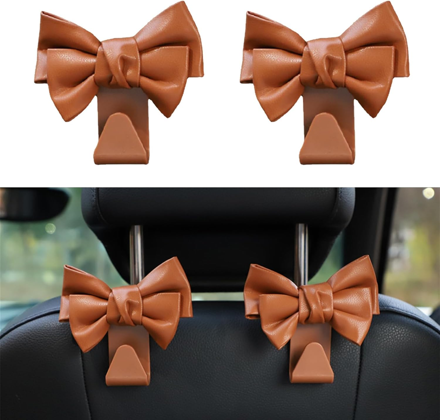2 Pcs Car Back Seat Headrest Hooks, Elegant Stylish Leather Bow Car Hangers, Universal Rear Car Seat Storage Hook, Auto Interior Accessories for Handbag Purse Coat (Brown) image number 4