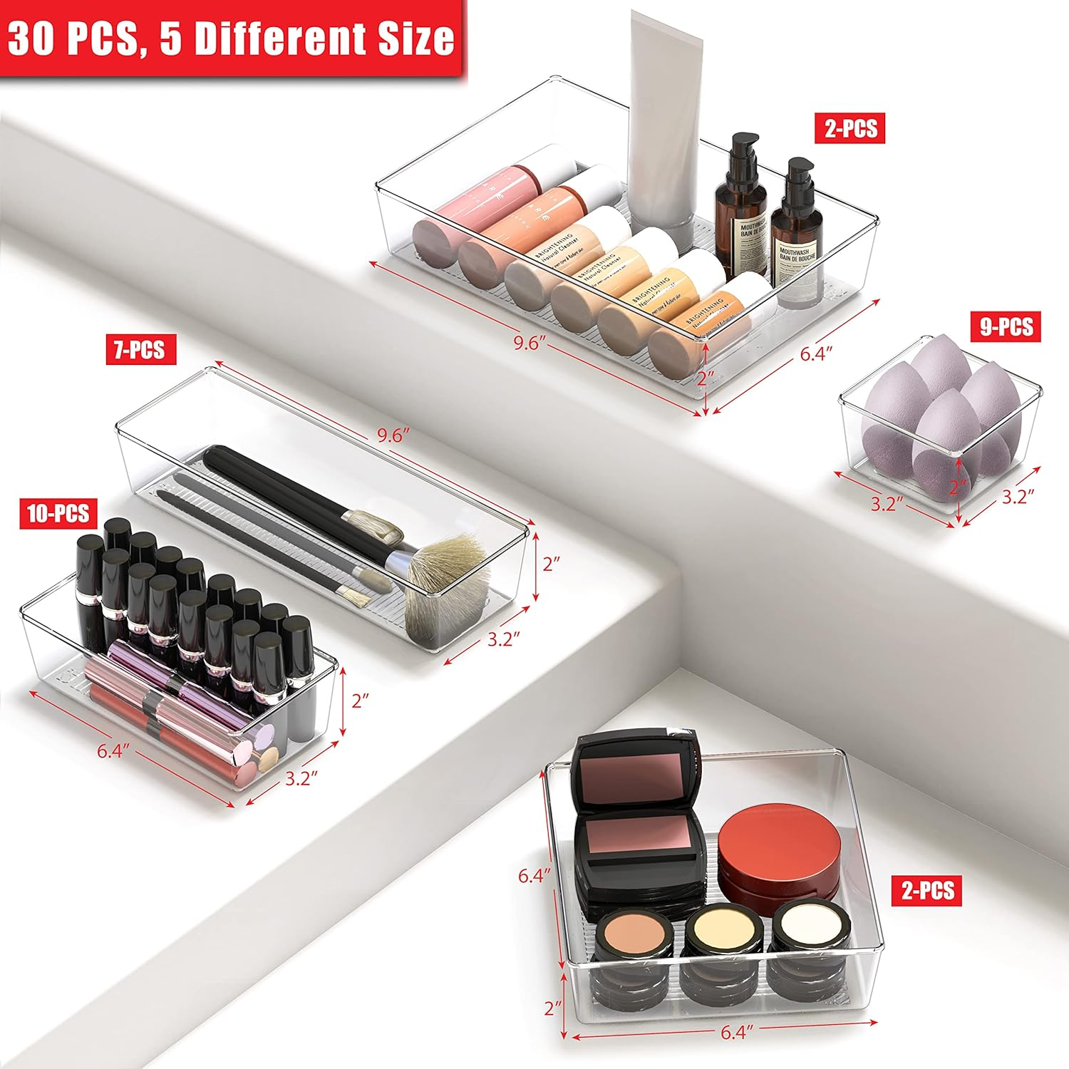 Simplehouseware 30 PCS Clear Drawer Organiser, 5 Size for Makeup, Bathroom and Kitchen Utensils image number 2