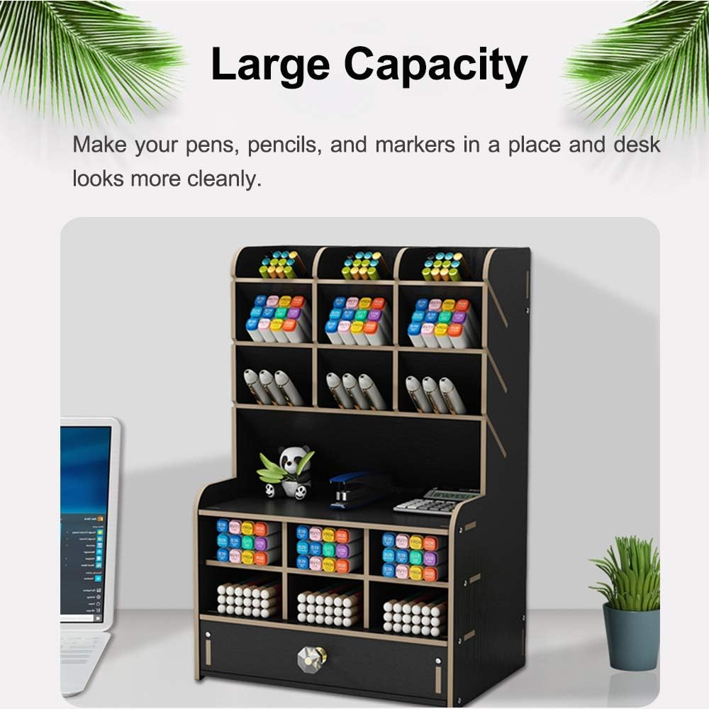 Wooden Desk Organizer with Drawer, Large Capacity DIY Pen Holder Storage Box Desktop Stationary Storage Rack, Pen Organizer Caddies for Office, Home and School Supplies (B16-Black) image number 5