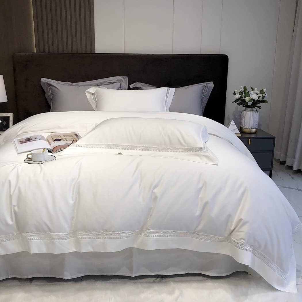 Modern Minimalist Hollow Edge Long-Staple Cotton Four-Piece Set Cotton Cotton Solid Color Quilt Cover Bedding,White,2200 * 2400Mm image number 4