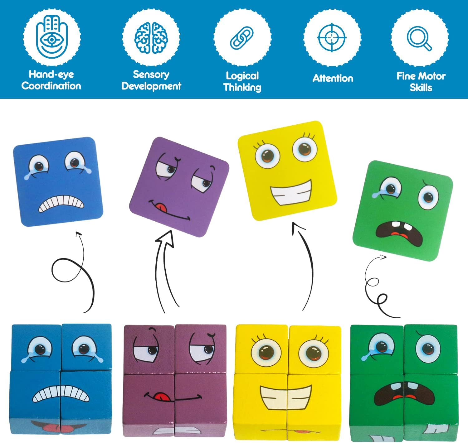 Montessori Wooden Face-Changing Puzzle Blocks - Brain Teaser Building Cube Board Game for Kids Ages 3+ | Educational Matching Toy for Toddlers (Jigsaw Blocks) image number 3