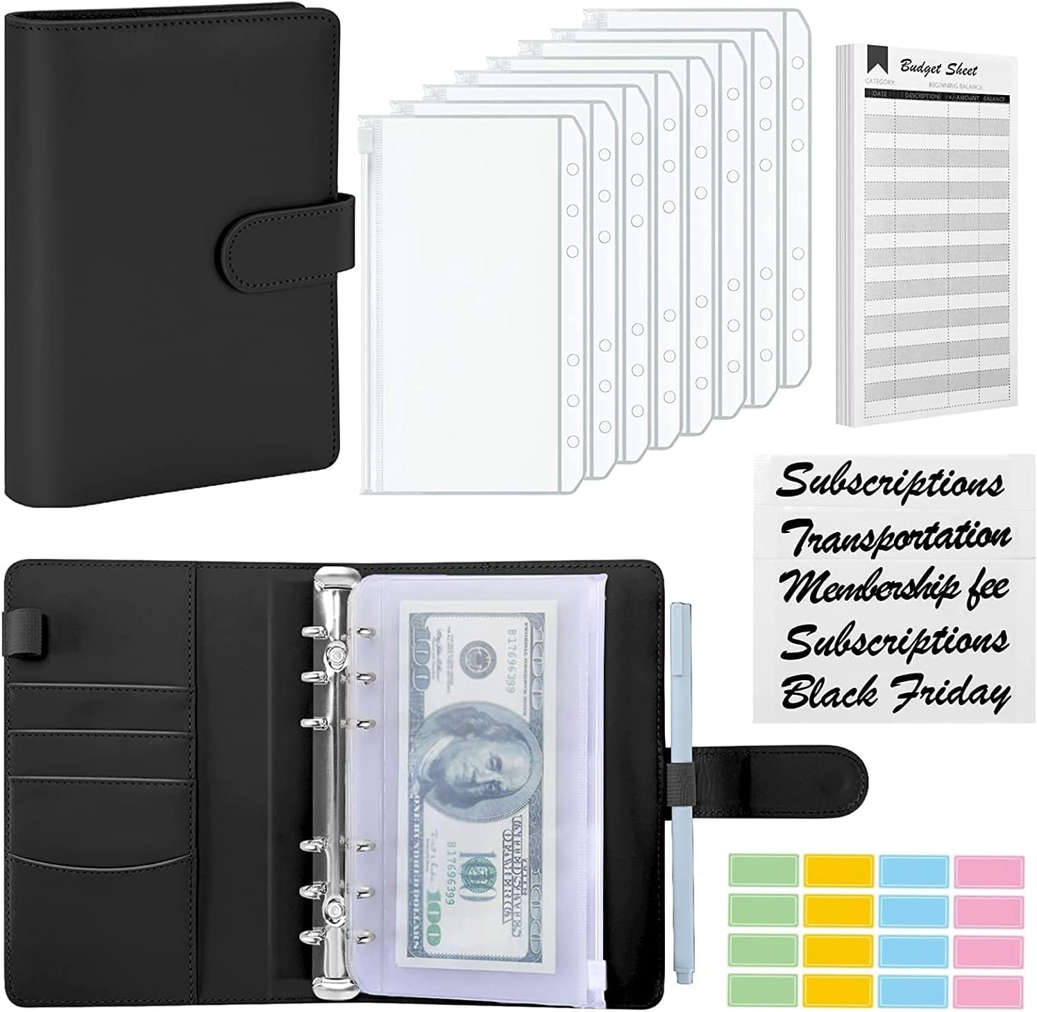 MATHARAGO Budget Binder, Cash Envelopes for Budgeting, Money Organizer for Cash, 12Pcs Budget Binder with Cash Envelopes, Marble 6-Ring Money Saving Binder (Grey)