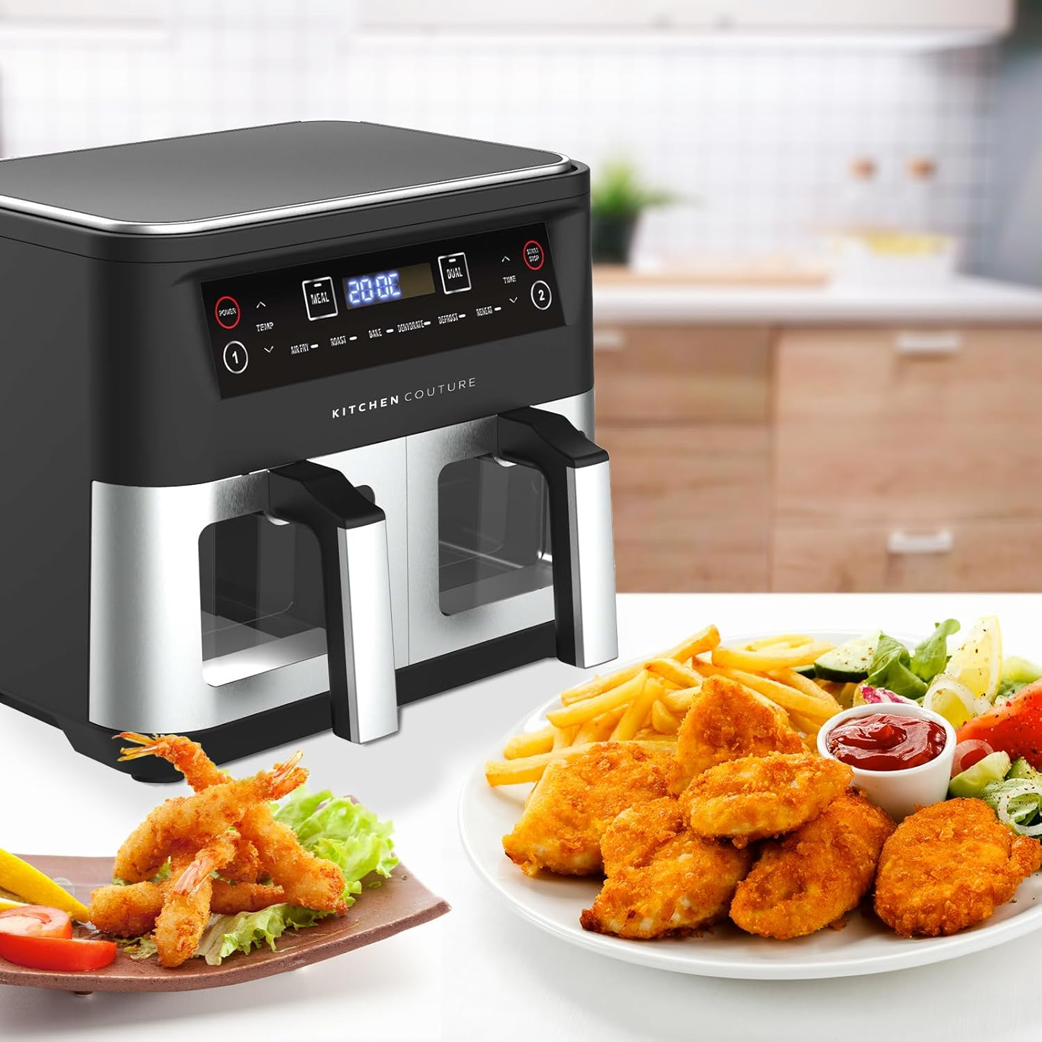 Kitchen Couture Dual Draw 10 Litre (2 X 5 Litre) Stainless Steel Air Fryer - Dual Cooking Zones, LED Display, Rapid Air Circulation, 1600W Black Silver image number 6