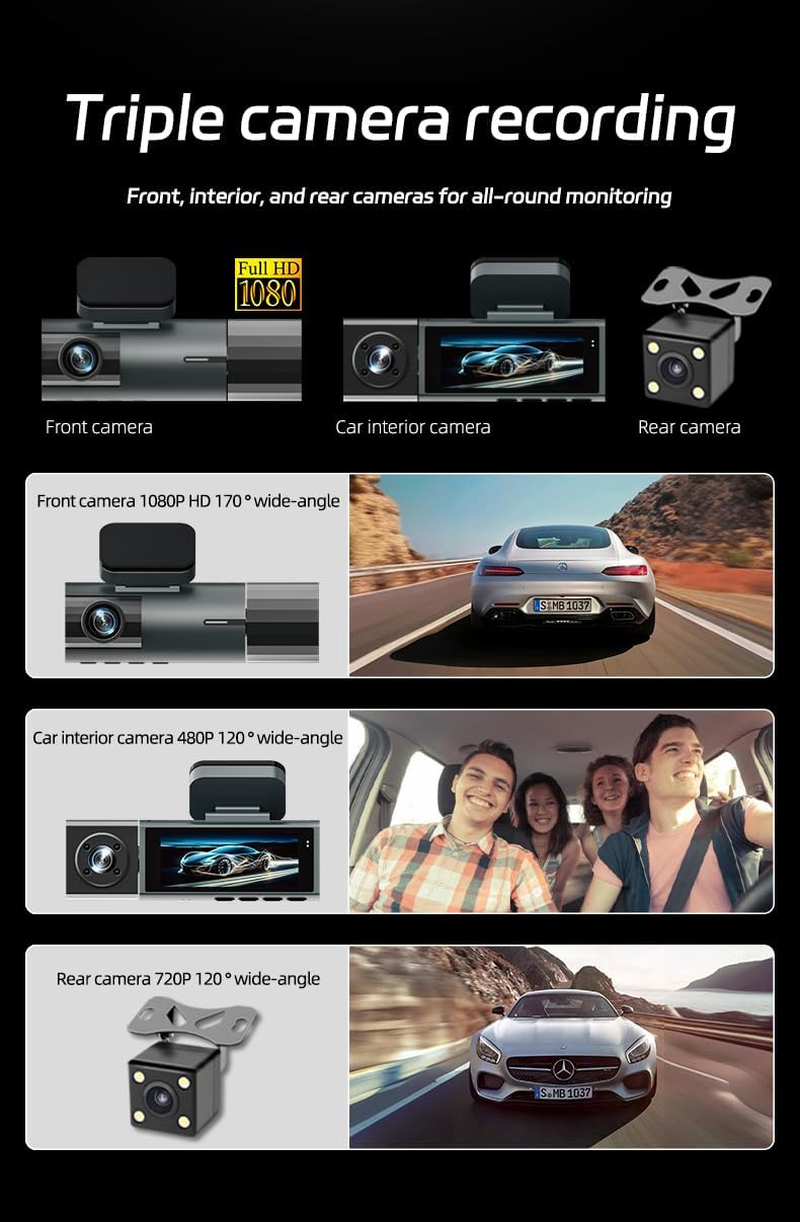3 Channel Dash Cam Front and Rear inside for Cars, Full UHD Car Camera Front Rear with 32GB Card, Car Camera with IR Night Vision, 170&deg;Wide Angle, G-Sensor, 24H Recording, Loop Recording