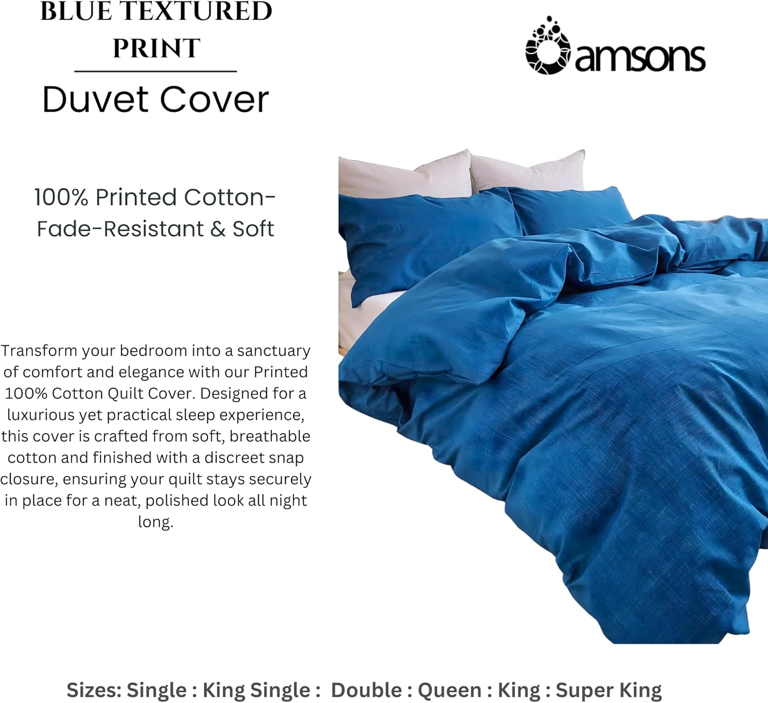 Queen Bed Quilt Cover Set - Blue Doona Cover - 100% Cotton Bedding & Linen - Textured Print Bedding Duvet Cover Sets (3Pcs, Queen)