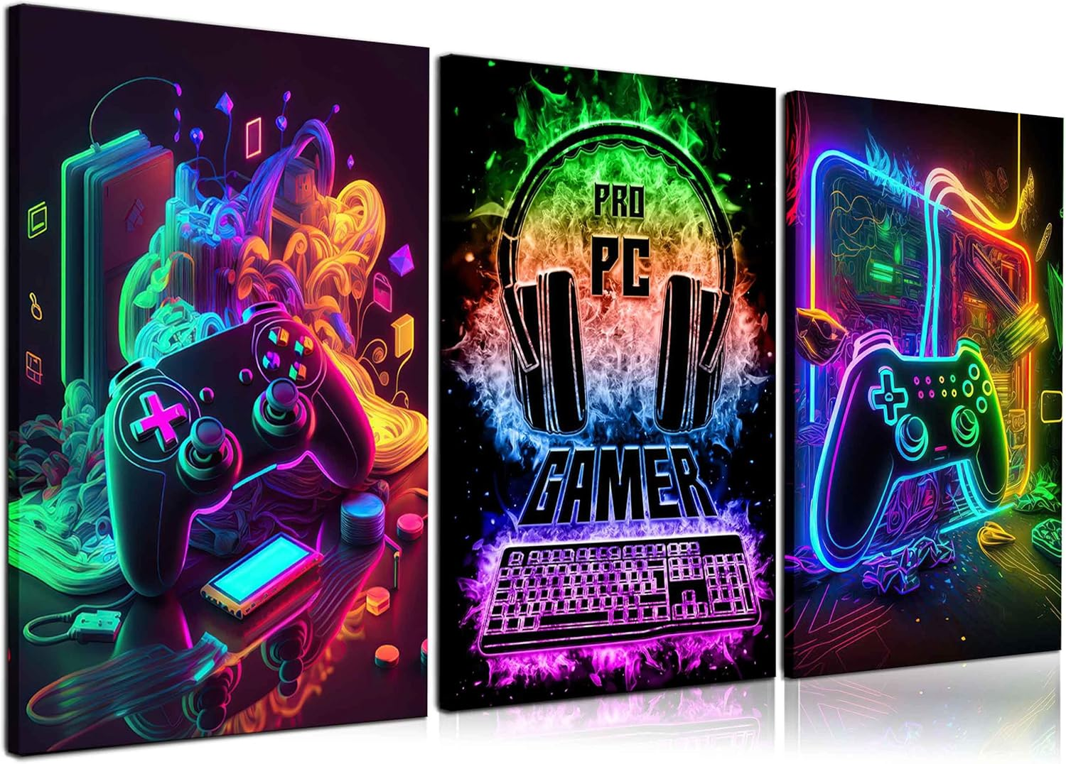 NBYARTQ 3Pcs Cool Gaming Wall Art Retro Video Gamer Watercolor Posters Pictures Colorful Neon Gamepad Canvas Painting Prints for Boys Room Kids Gamer Room Bedroom for Boys Home Decoration 12X16In