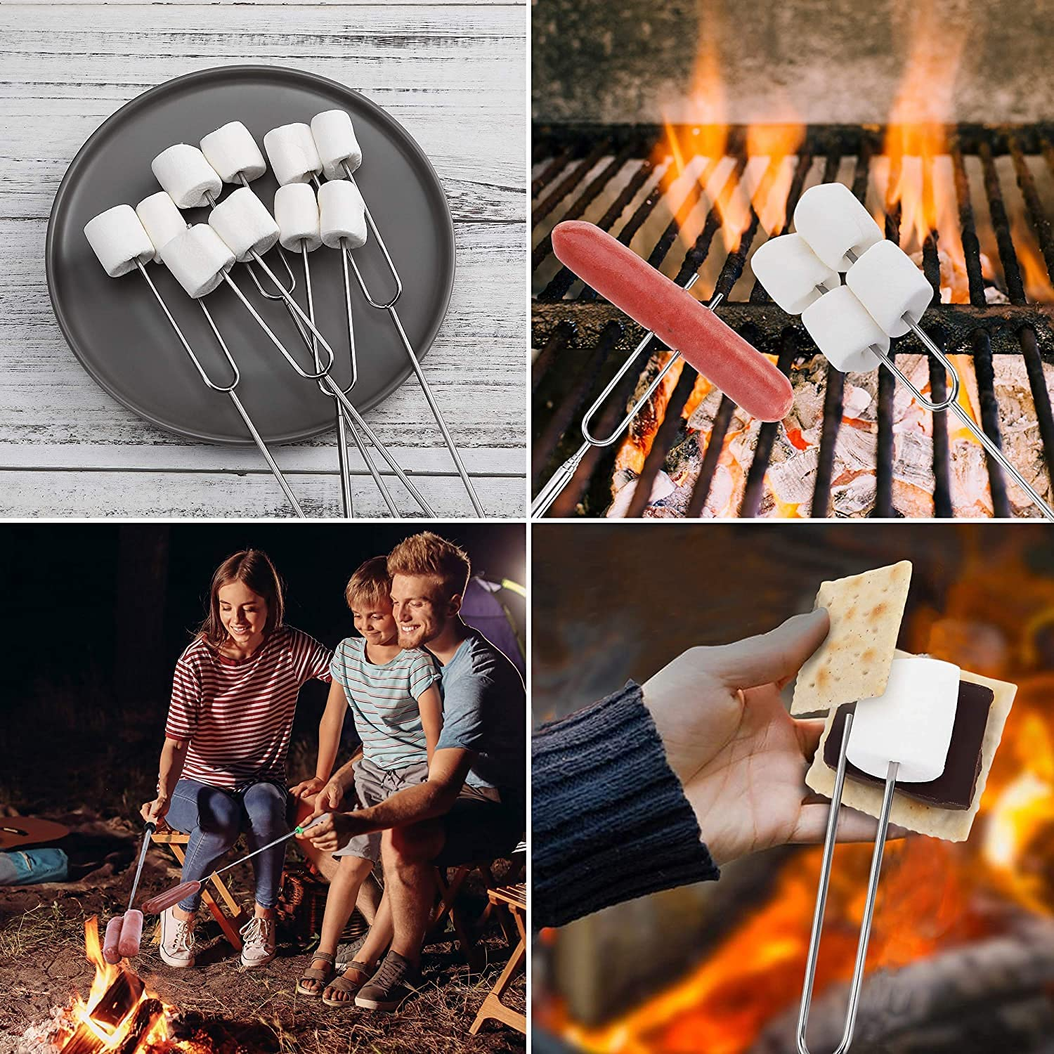 Marshmallow Roasting Sticks, Fyvadio Set of 8 Telescoping Smores Skewers & Hot Dog Forks with Wooden Handle for Fire Pit Campfire - 32 Inch Stainless Steel BBQ Kit for Outdoor Camping image number 1