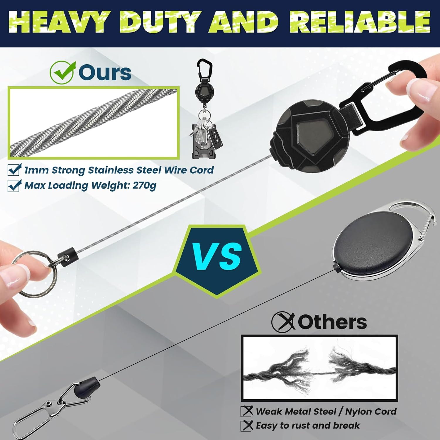 Milifox Retractable Keychain Heavy Duty Badge Reel Carabiner Badge Holder with Steel Retractable Cord for Hanging Carabiner Badge, Key, 2-Pack image number 5