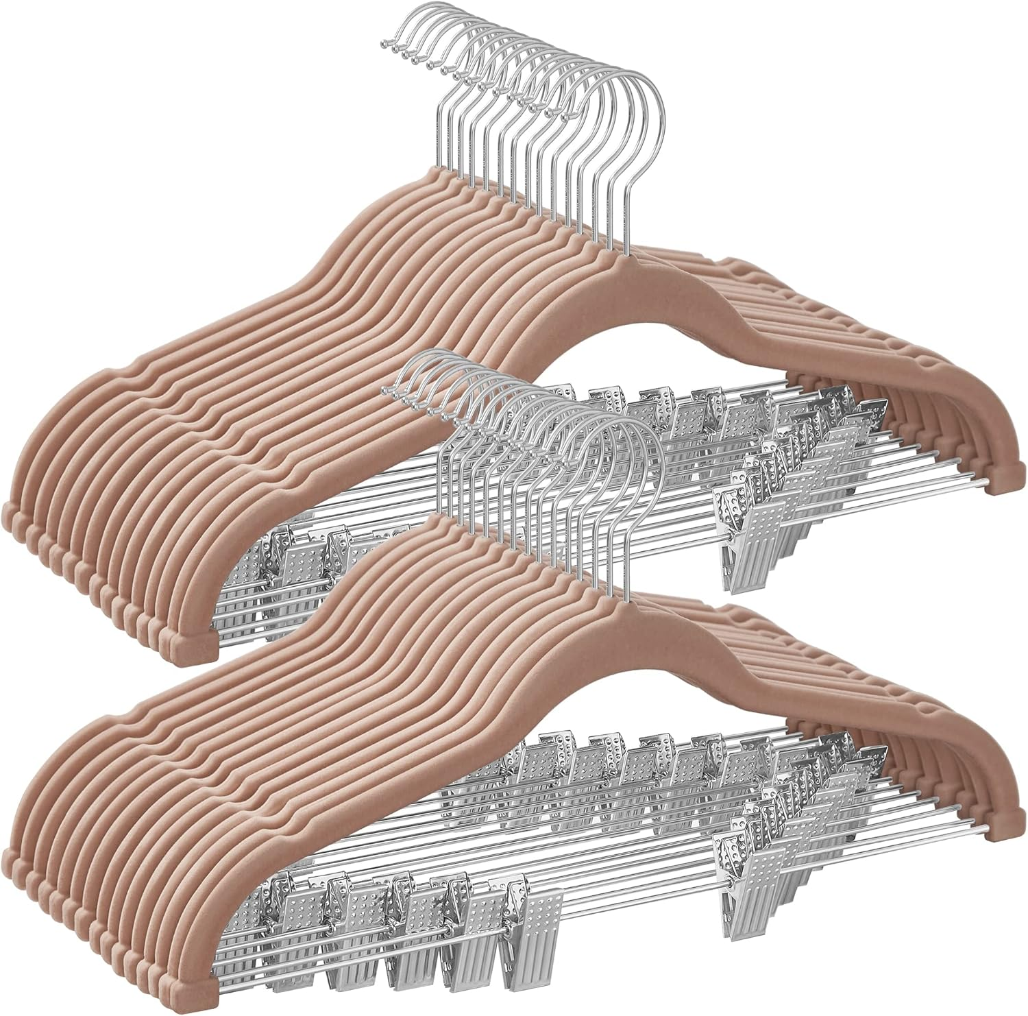 SONGMICS 50-Pack Pants Hangers, 16.7-Inch Long Velvet Hangers with Adjustable Clips, Heavy-Duty, Non-Slip Skirt Hangers, Space-Saving for Pants, Skirts, Coats, Dresses, White UCRF012W50