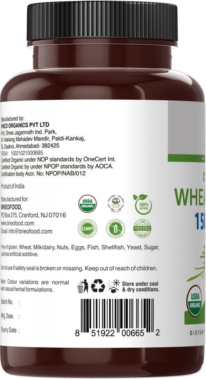 Brieofood Organic Wheatgrass 1500Mg, 45 Servings, Vegetarian, Gluten Free, 90 Vegetarian Tablets