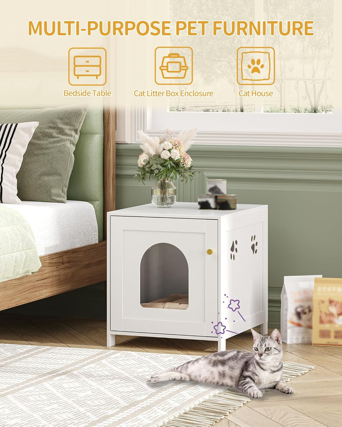 Hzuaneri Cat Litter Box Enclosure, 21.6" L Hidden Litter Box Furniture, Wooden Indoor Pet House with Front Arched Door, Side End Table, Nightstand for Living Room, Bedroom, White CB82213X image number 6