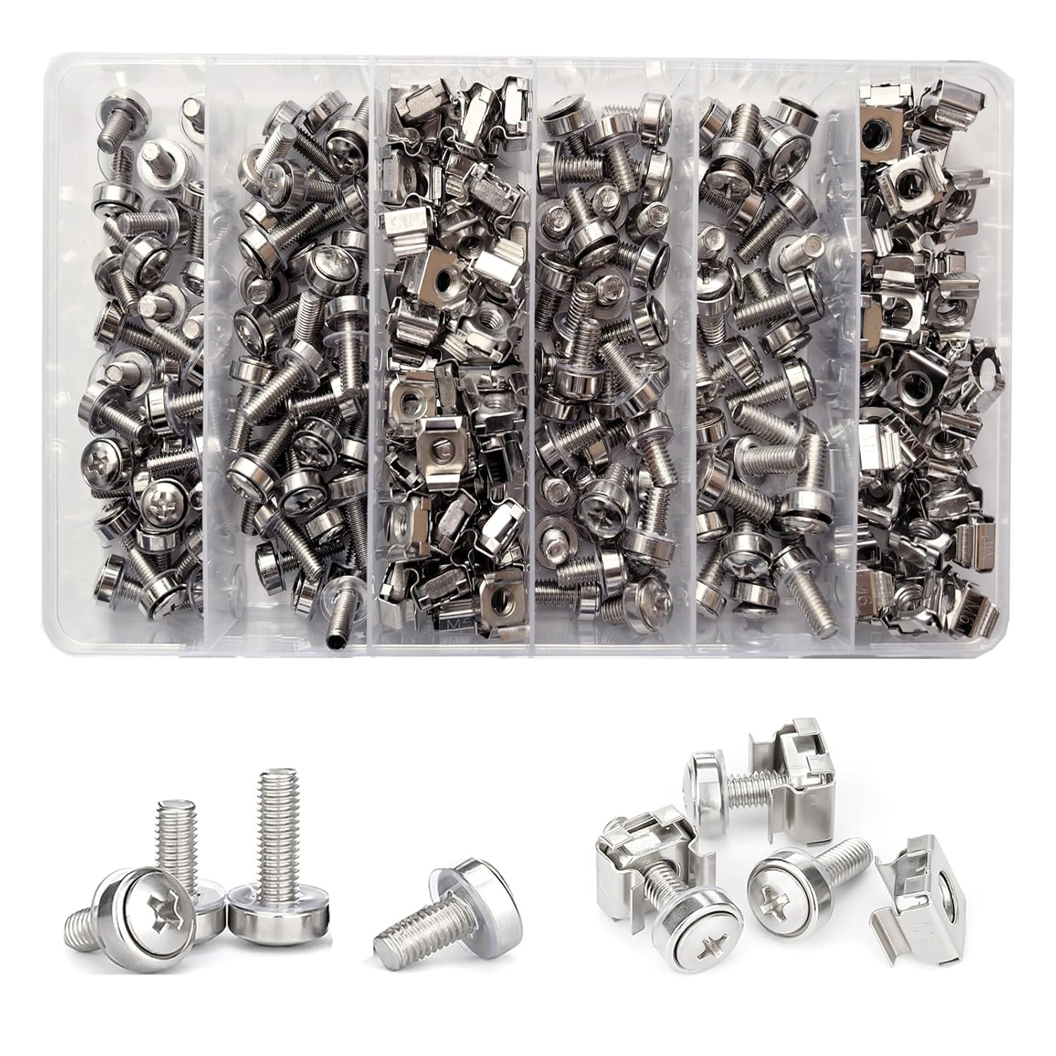 100Sets/200Pcs M5 M6 Cage Nuts Screws and Washers Set,Ymaiss Metric Square Hole Hardware Cage Nut Screws and Washers for Rack Mount Server Shelves Cabinet,Routers Server Rack Silver Upgraded Box image number 4