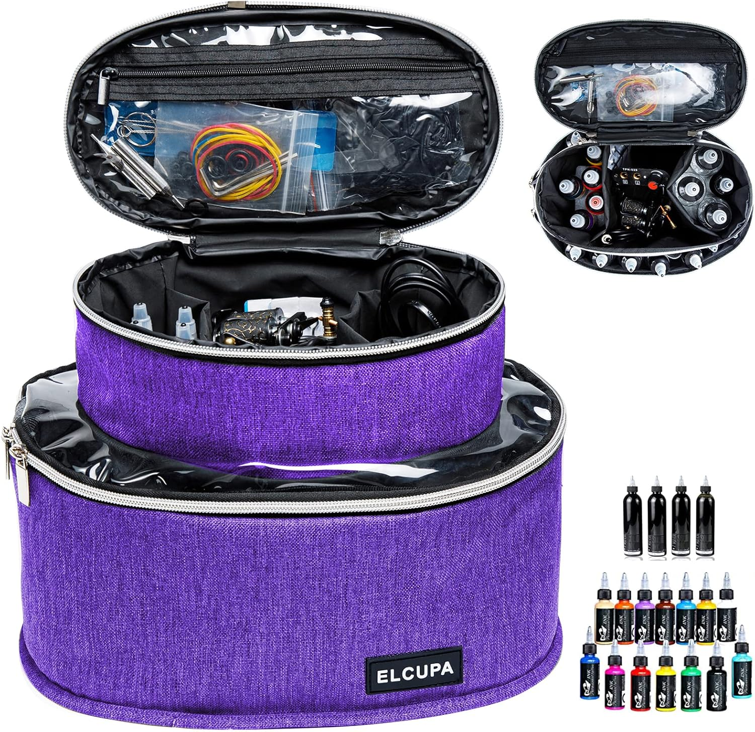 ELCUPA Tattoo Kit Carrying Case, Purple, Padded Interior, 6" Height, 8.5" Middle Compartments, Multiple Pockets, Easy Carry, Service Guarantee