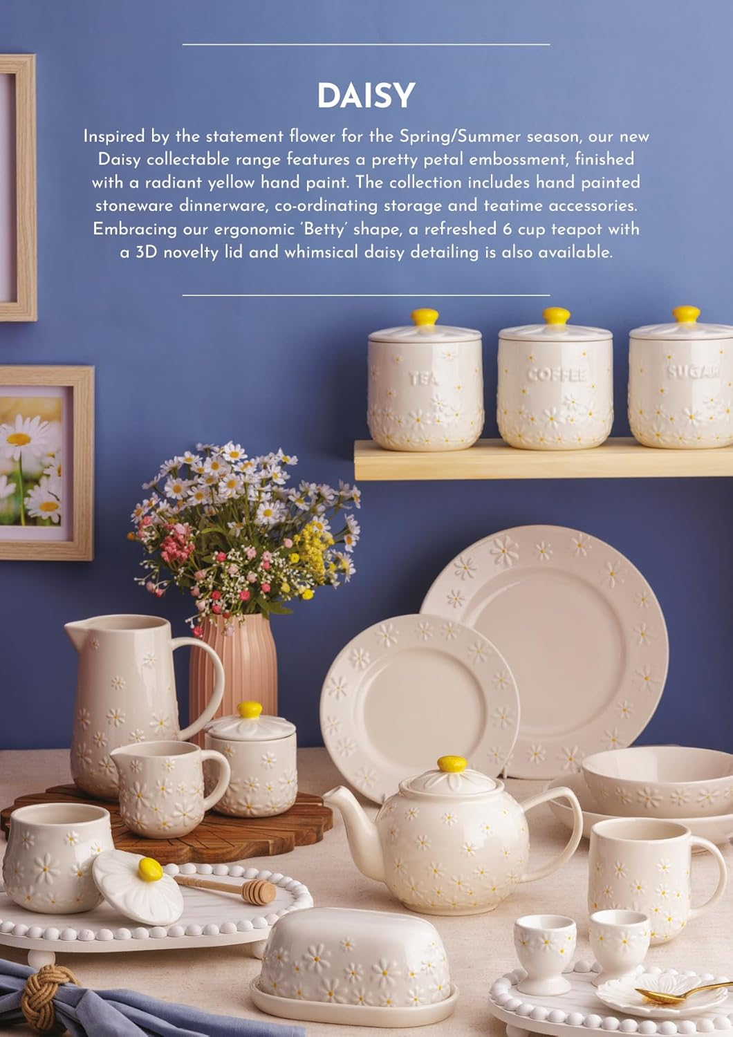 Price & Kensington Daisy Sugar Bowl | Ceramic Sugar Bowl with Embossed Daisy 3D Lid | Hand-Painted Yellow Handle | Cream Glaze | Kitchen Storage Bowl image number 1