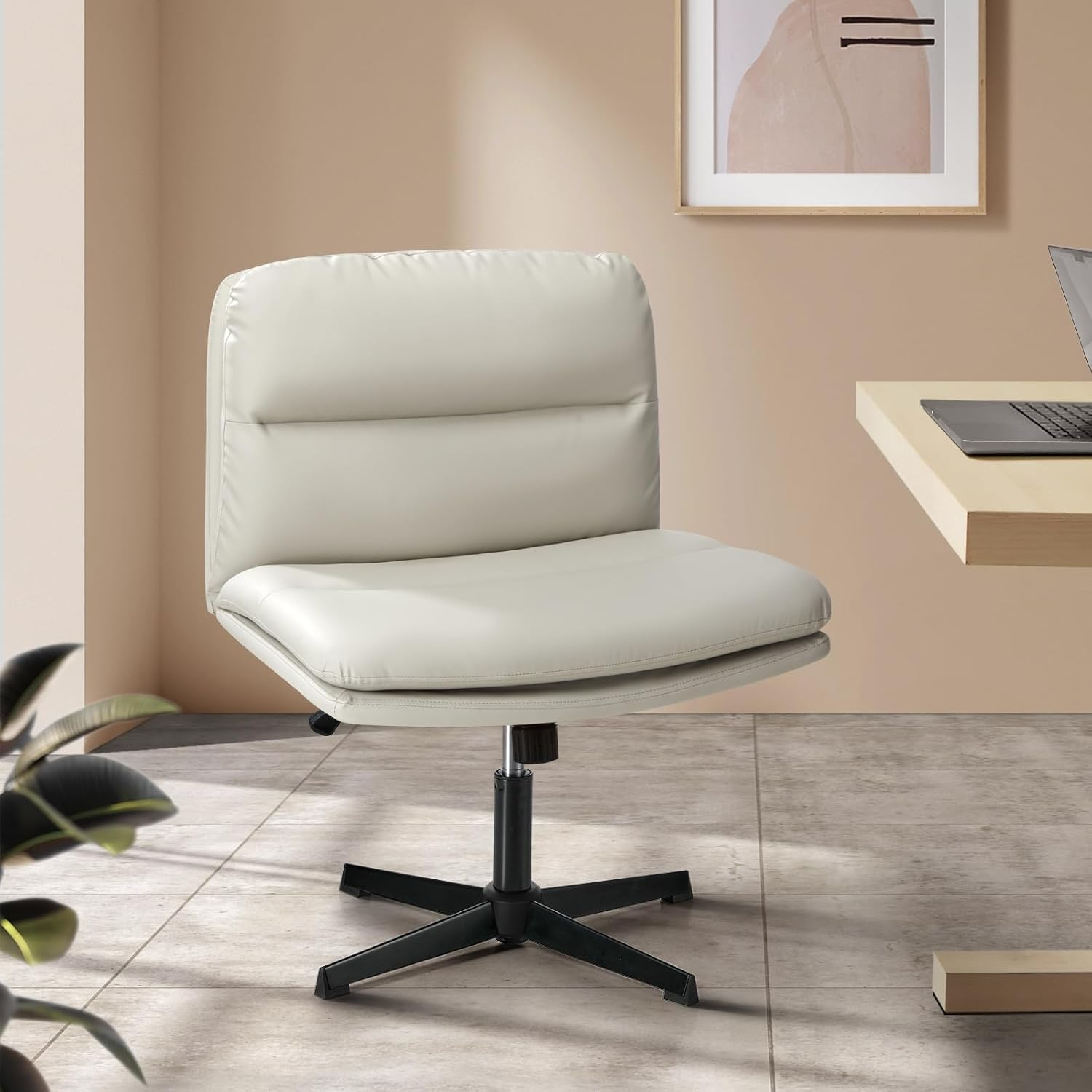 Oikiture Cross Legged Chair with Wider Cushion Padded Max 120&deg;Rocking Home Office Chair Linen Fabric Computer Desk Chair Grey