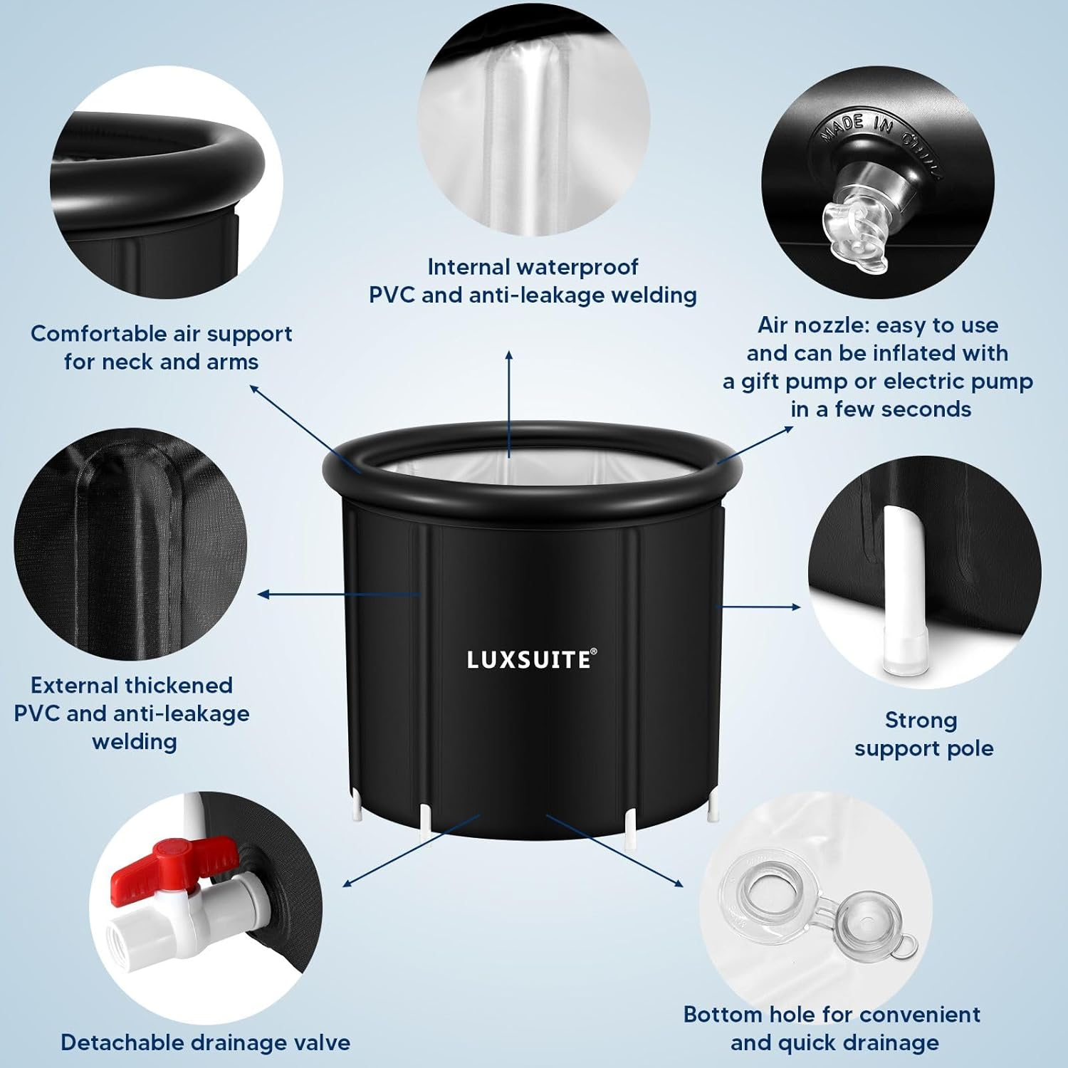 Portable Ice Bath Tub Inflatable Hot Bathtub SPA Massage Athletes Cold Water Therapy Adult Soaking Folding Outdoor Plunge Large Black 80X71Cm, 300L image number 6