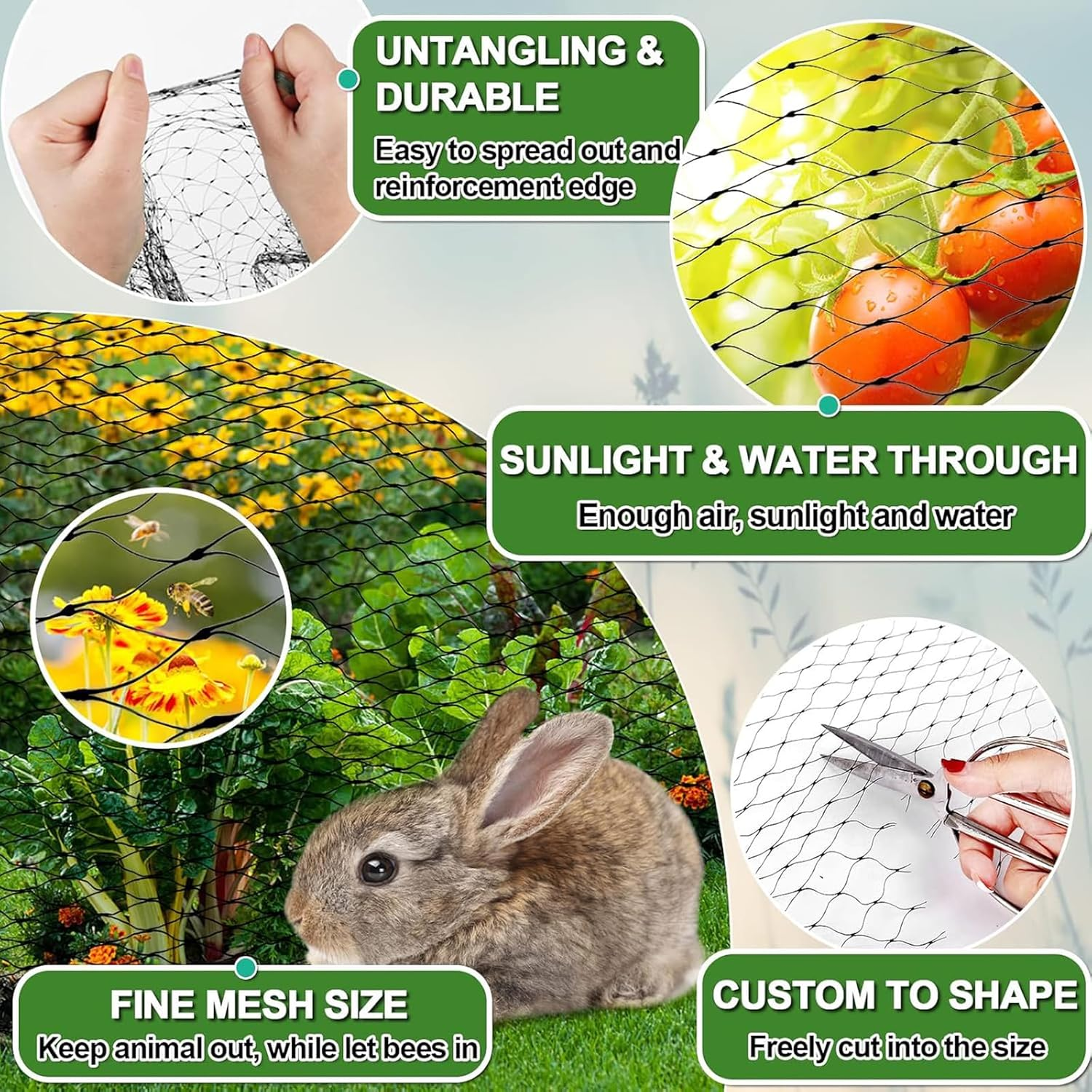 Bird Netting for Garden Protection, 13X32Ft Garden Netting W/ 0.8" Mesh, Poultry Netting for Chicken Coop, Deer Fence Netting for Plants Fruit Trees Vegetables against Birds, Squirrels, Other Animals image number 1