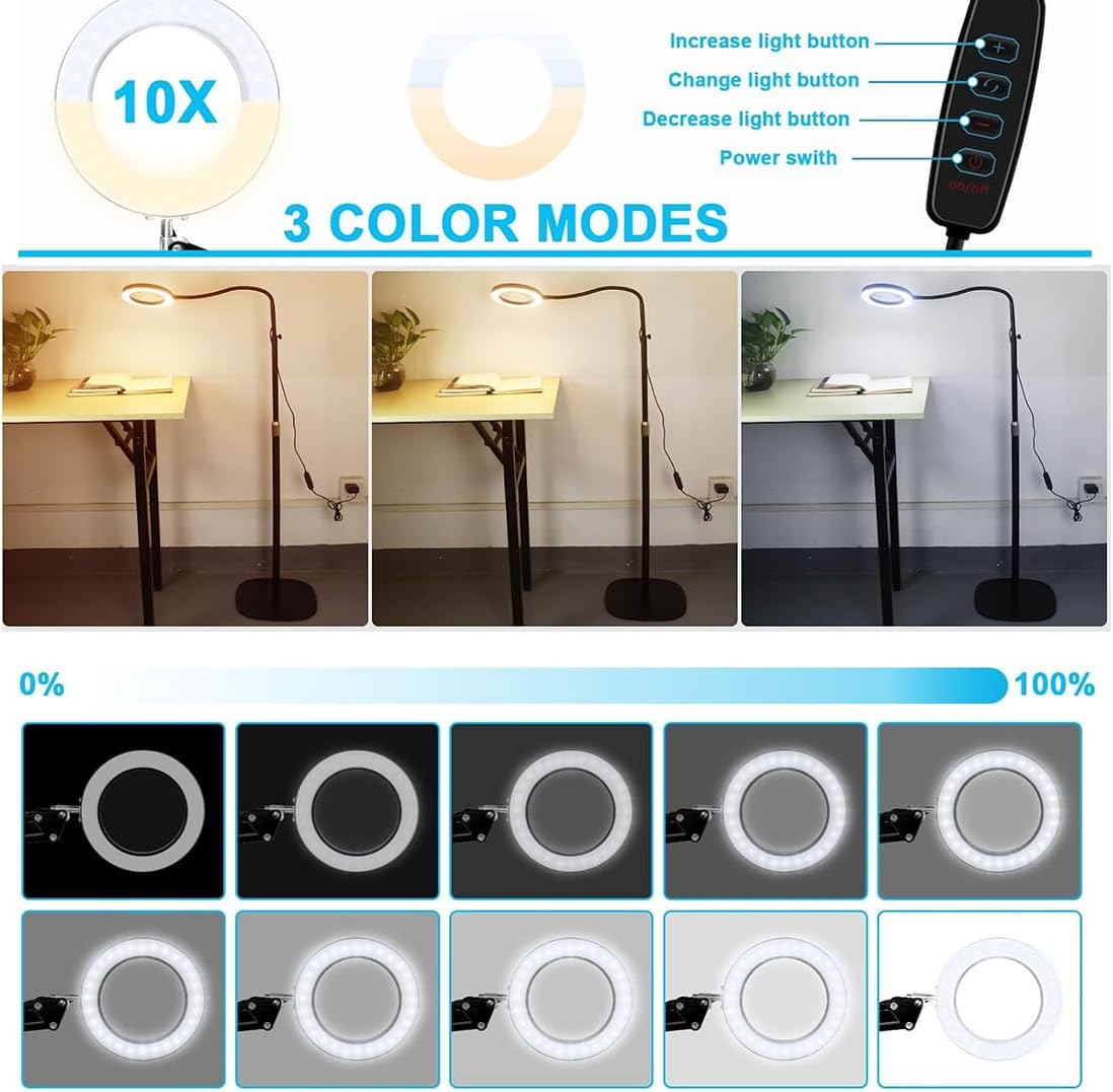 10X Magnifying Glass with 72 LED Lights, Adjustable Color Temperature & Dimmable Lighted Magnifier, Flexible Gooseneck Floor Lamp for Reading, Crafts, Close Work. image number 3