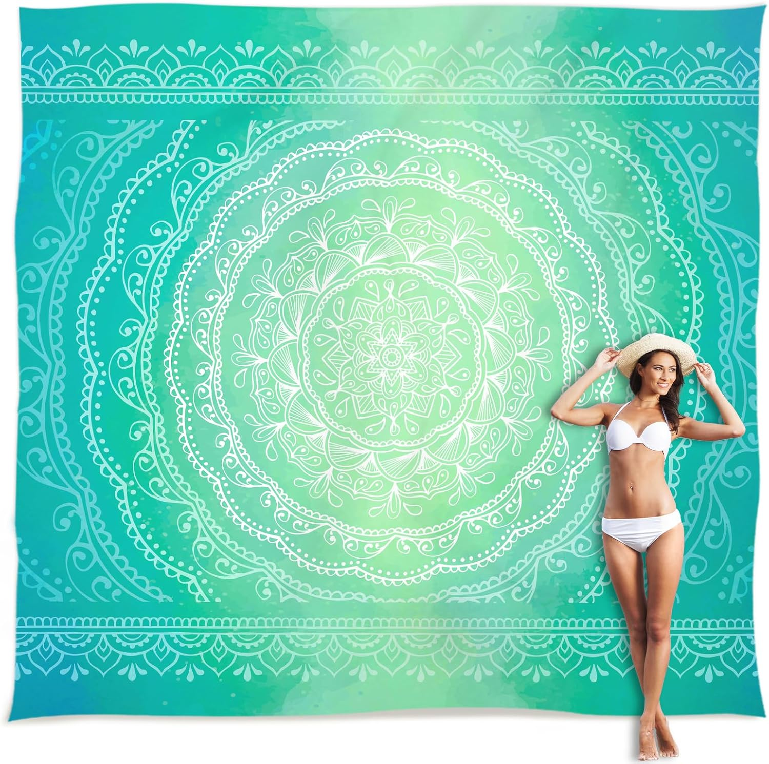 Sunlit 10'X9' Extra Large Boho Sand Proof Beach Blanket, Sand Proof Mat with Corner Pockets and Mesh Bag for Beach Party, Travel, Camping and Outdoor Music Festival, Bright Turquoise Mandala