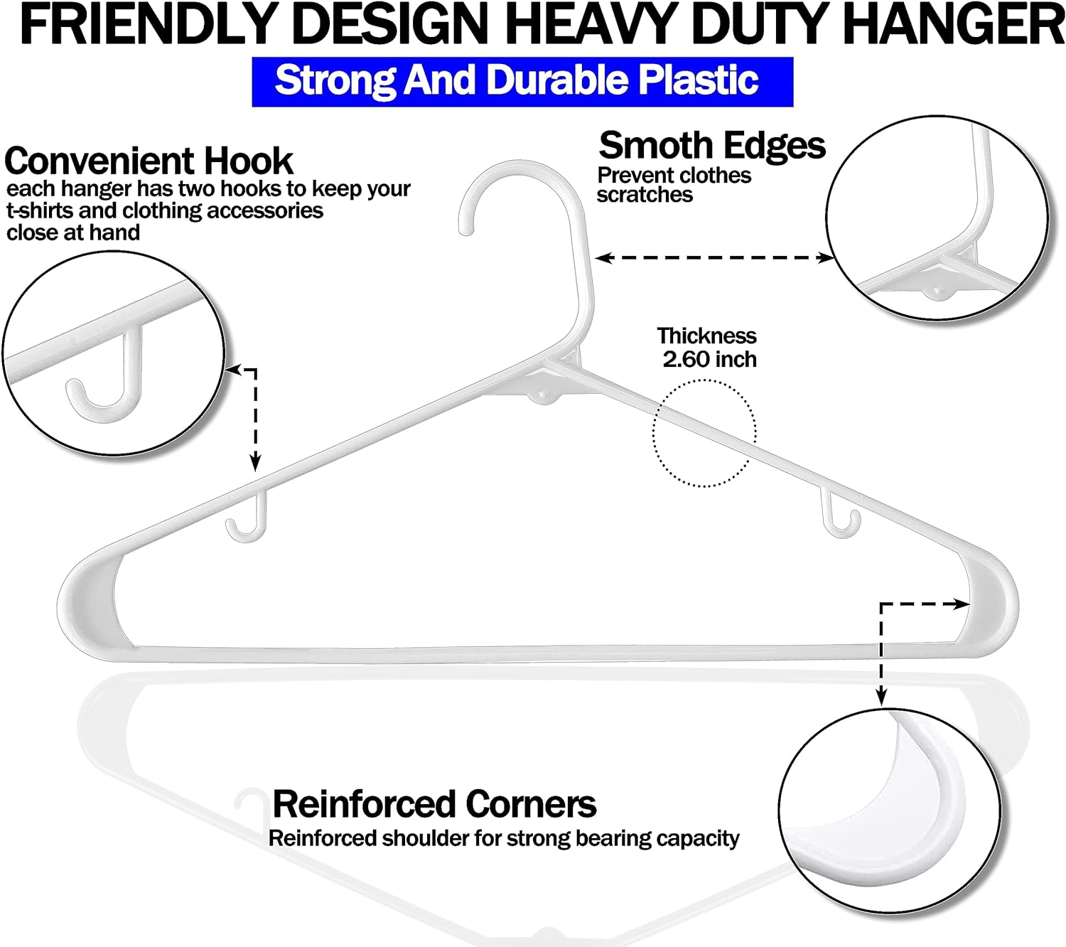 GVTECH Plastic Clothes Hangers - [50 Pack] Heavy Duty Durable Coat and Clothes Hangers with Hooks - Durable Lightweight Space Saving Laundry Hangers for Coats, Skirts, Pants, Dress (50 Pack, White) image number 2