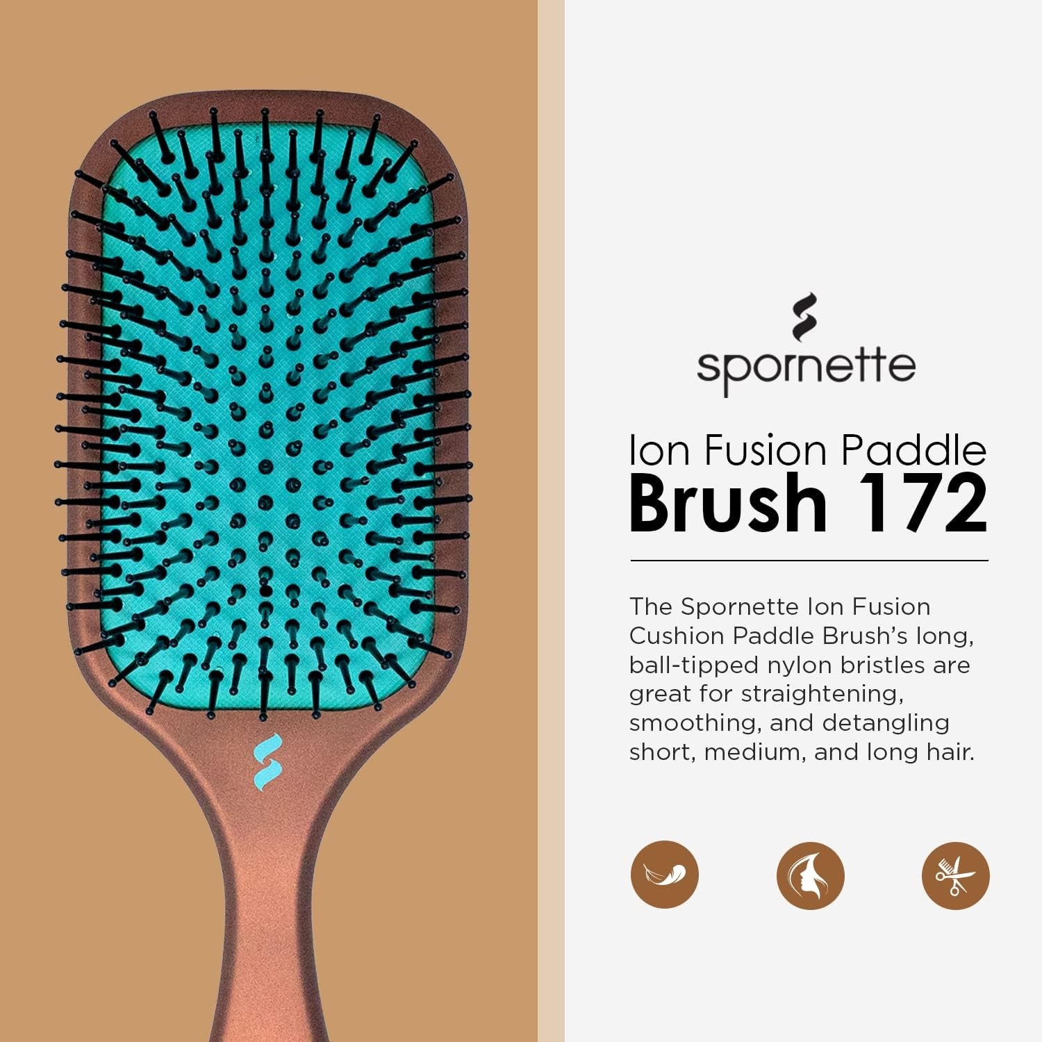 Spornette Ion Fusion Cushion Paddle Brush (#172) with Nylon Ball-Tipped Bristles for Hair Straightening, Detangling, & Smoothing Short, Medium, & Long Hair on Men, Women, & Children image number 6