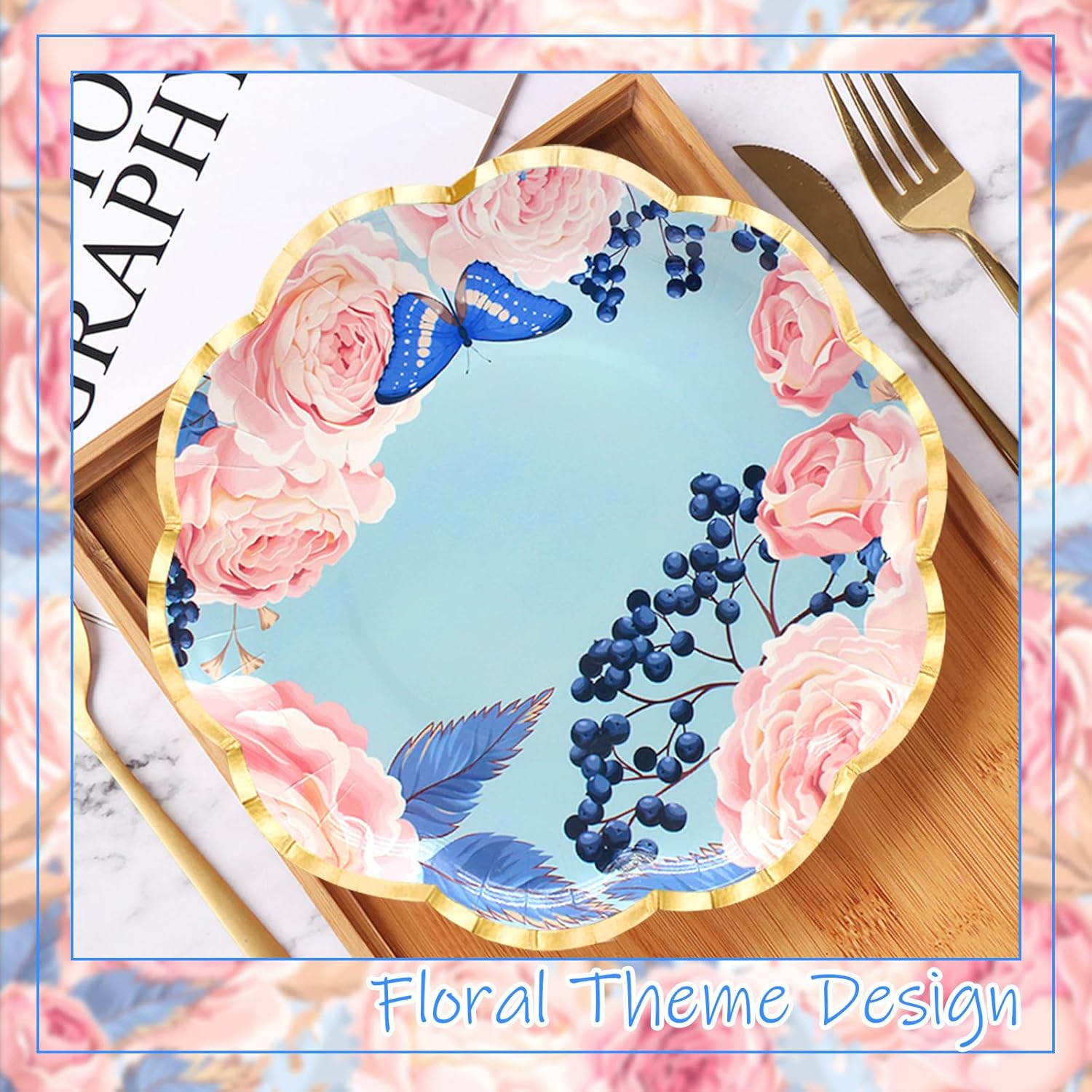 Benvo 60 Pack Floral Paper Plates 9 Inch Flower Dessert Plates Sparkle Disposable Plates for Tea Party Garden Party Baby Shower Bridal Shower Birthday Wedding Decorations(6 Assorted Styles)