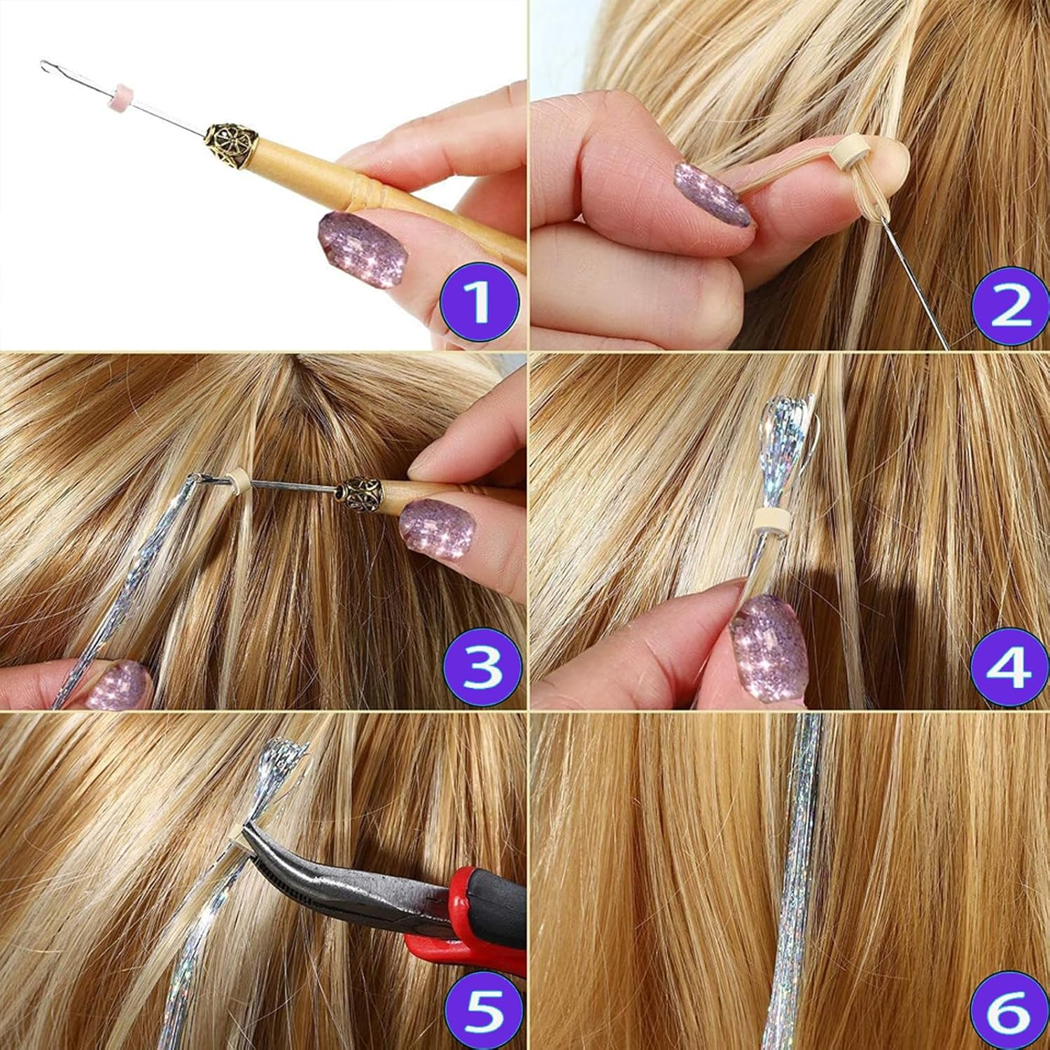 3200 Strands Hair Tinsel Kit,Fairy Hair Tinsel Tool for Shiny Hair Extension,Heat Resistant Fairy Tinsel Hair Kit for Women Girls Cosplay Party Festival Hair Accessories(48 Inch, 16 Colors) image number 6