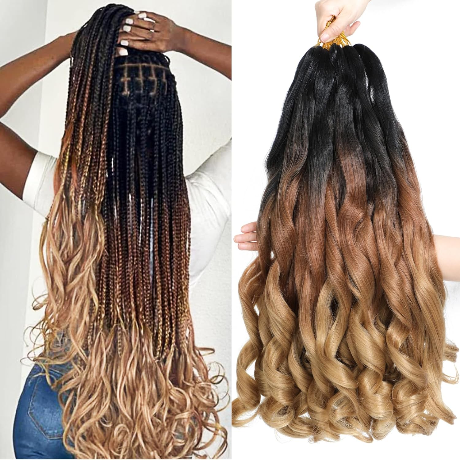 French Curl Braiding Hair 22 Inch 8 Packs Curly Braiding Hair Pre Stretched French Curl Crochet Braids Extensions for Braiding (OT30/27, 22 Inch (Pack of 8))