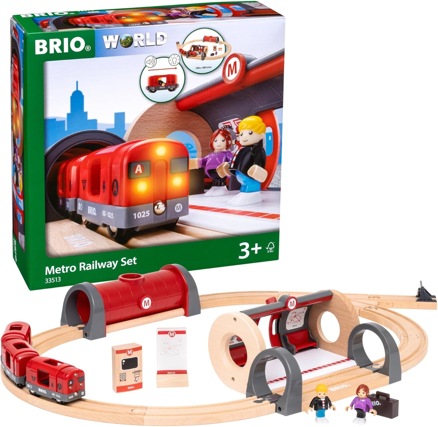BRIO World 33513 Metro Railway Train Set - 20-Piece Wooden Set with Light & Sound, Tunnel, & Figures for Kids Ages 3+ image number 2