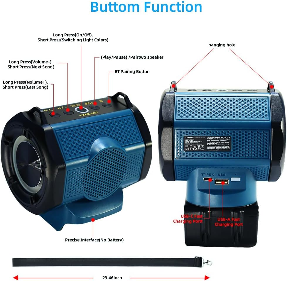JANRI Bluetooth Portable Speaker Compatible with Makita LXT 18V Battery. Work for Jobsite,Outdoor,Camping,Party,Home, Women, with USB Type-C,Green image number 4